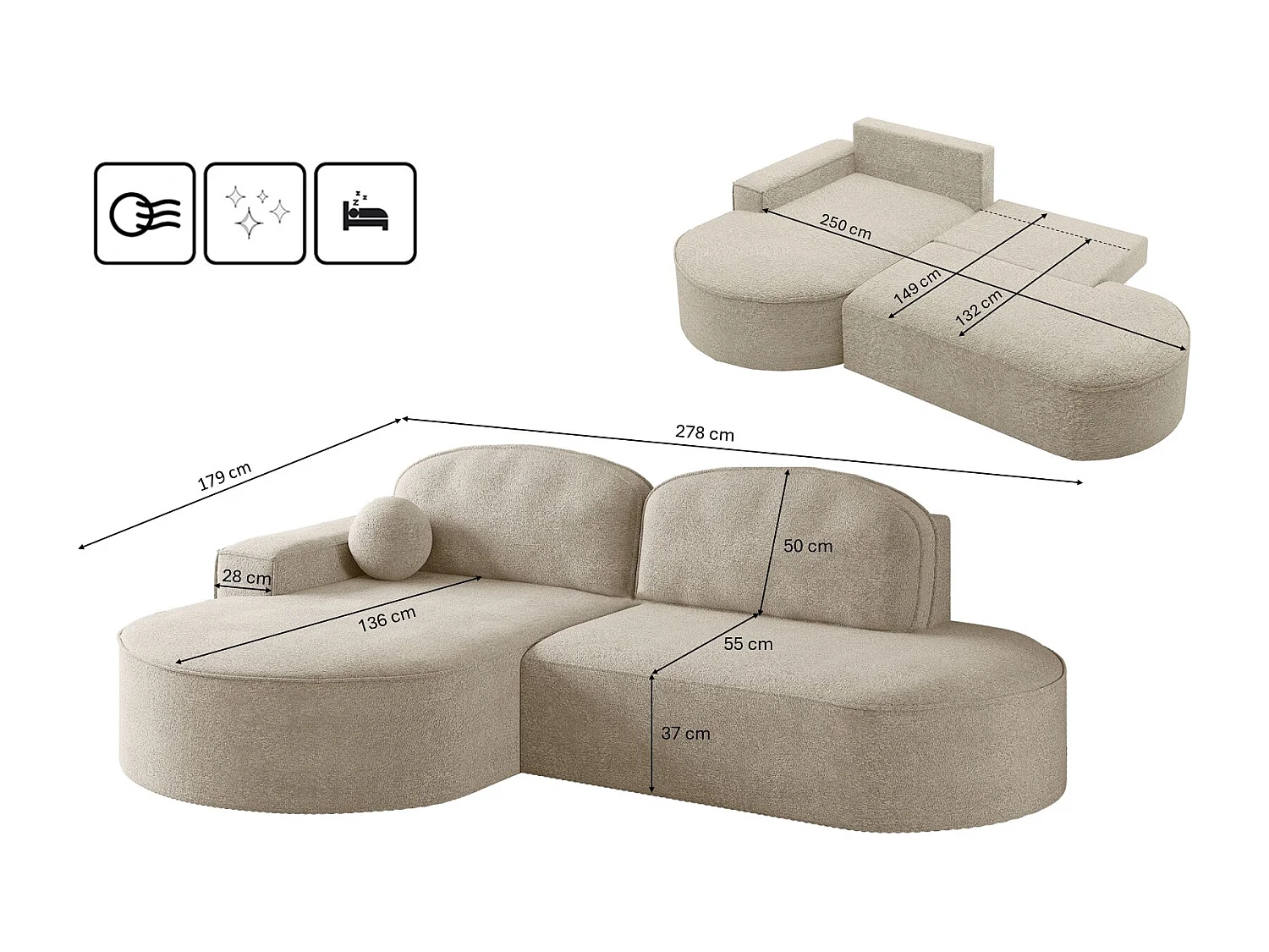 Canapé d'angle avec fonction couchage et coffre de lit Modena Round tissu Arena Beige Gauche