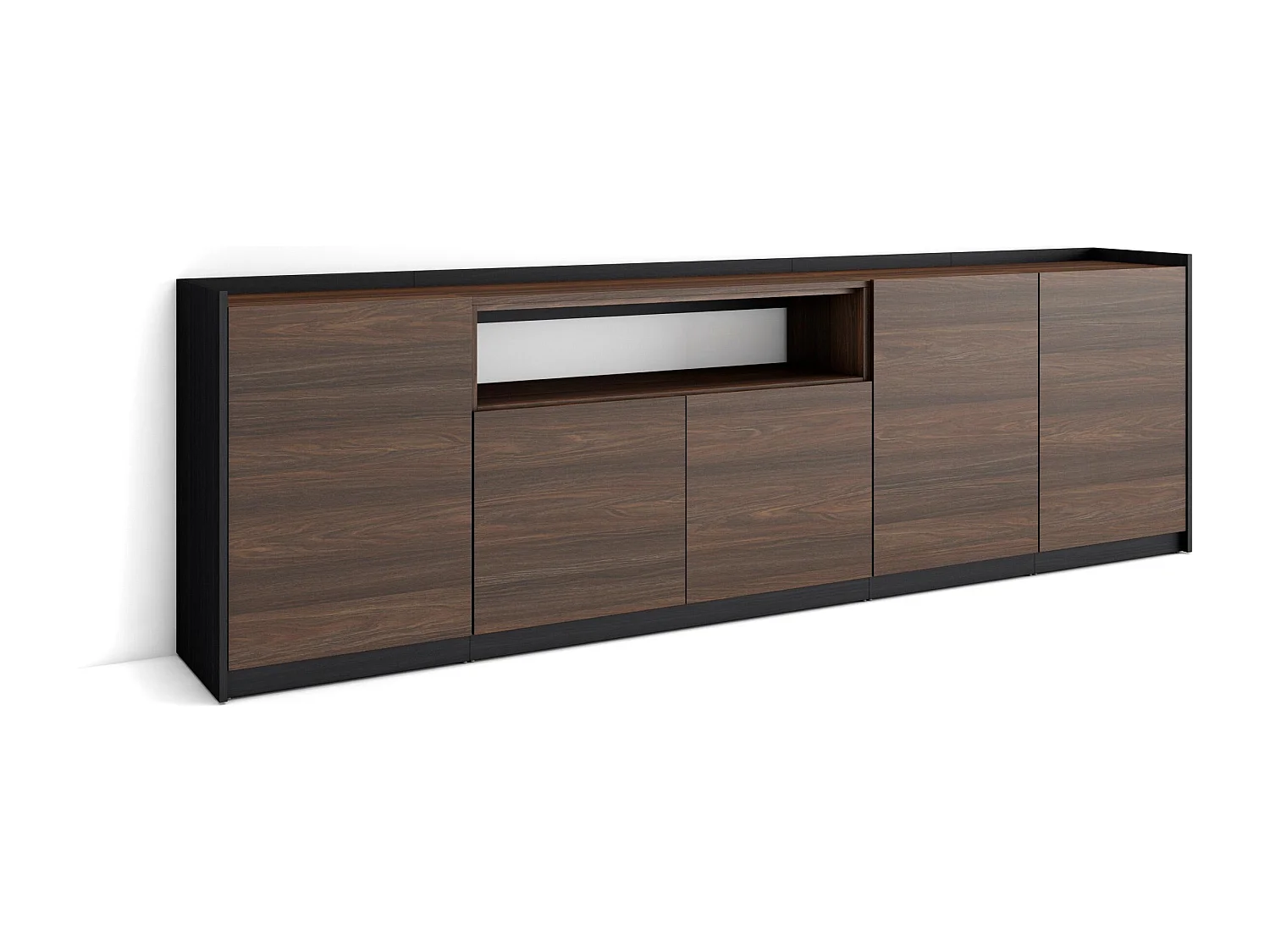Dressoir, Opbergkast, 260x80x37 cm, 5 Deuren, Woonkamer, hal, Donkere eik en Zwart