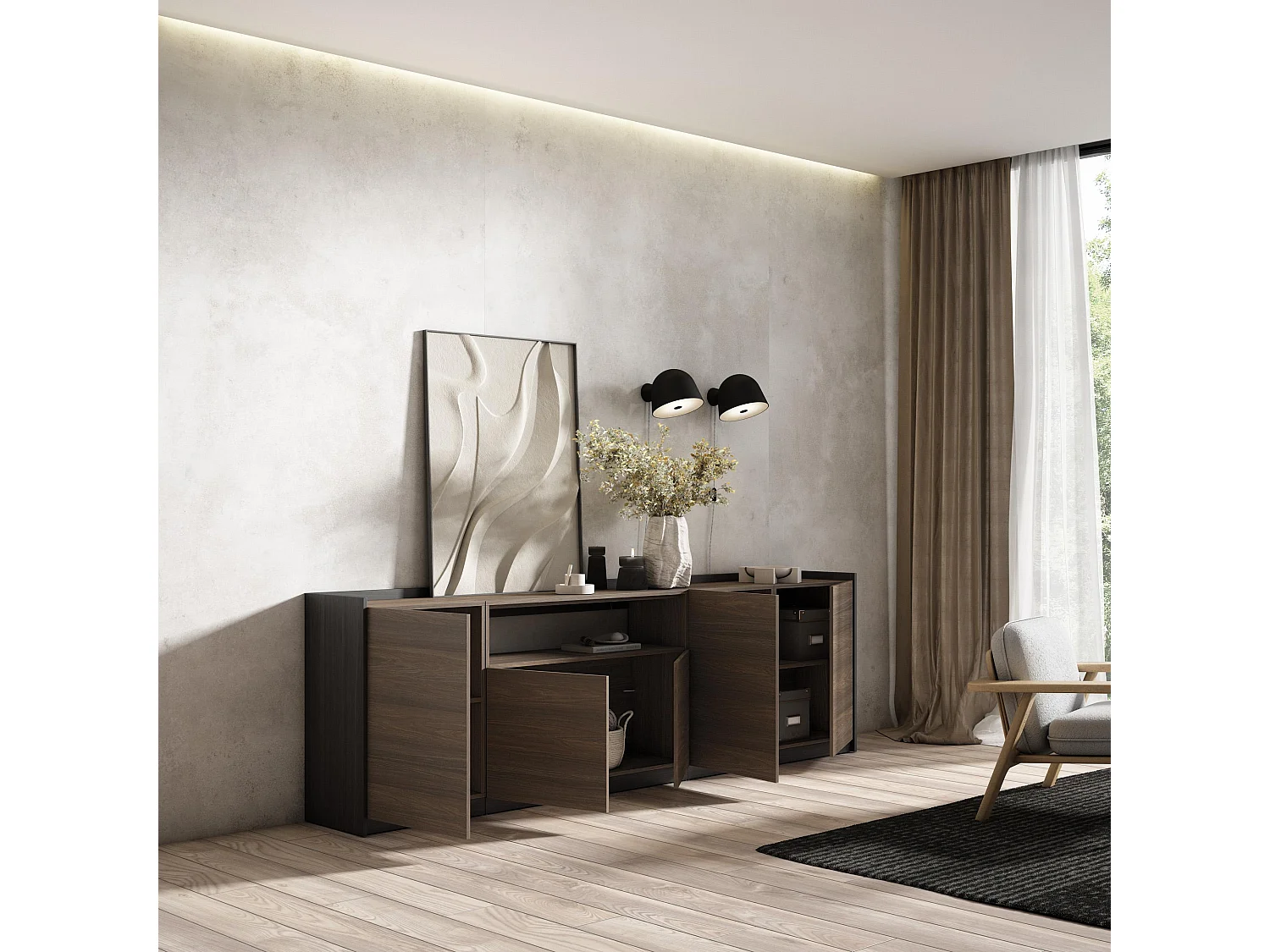 Dressoir, Opbergkast, 260x80x37 cm, 5 Deuren, Woonkamer, hal, Donkere eik en Zwart