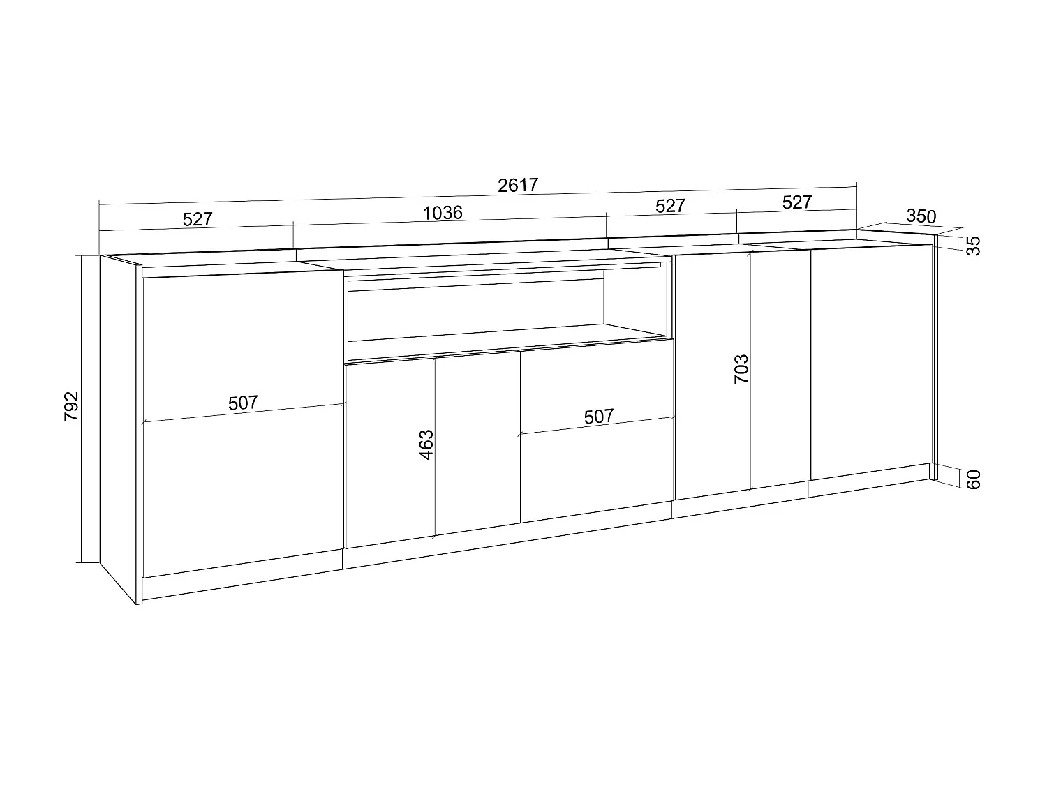 Dressoir, Opbergkast, 260x80x37 cm, 5 Deuren, Woonkamer, hal, Donkere eik en Zwart