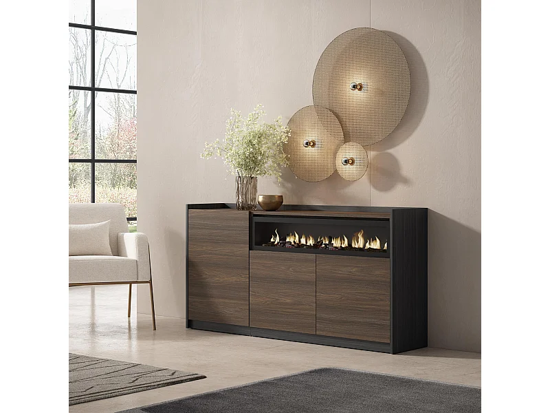Sideboard, Highboard, 156x80x37 cm, 3 Türen, Elektrokamin., Dunkler Eiche und Schwarz
