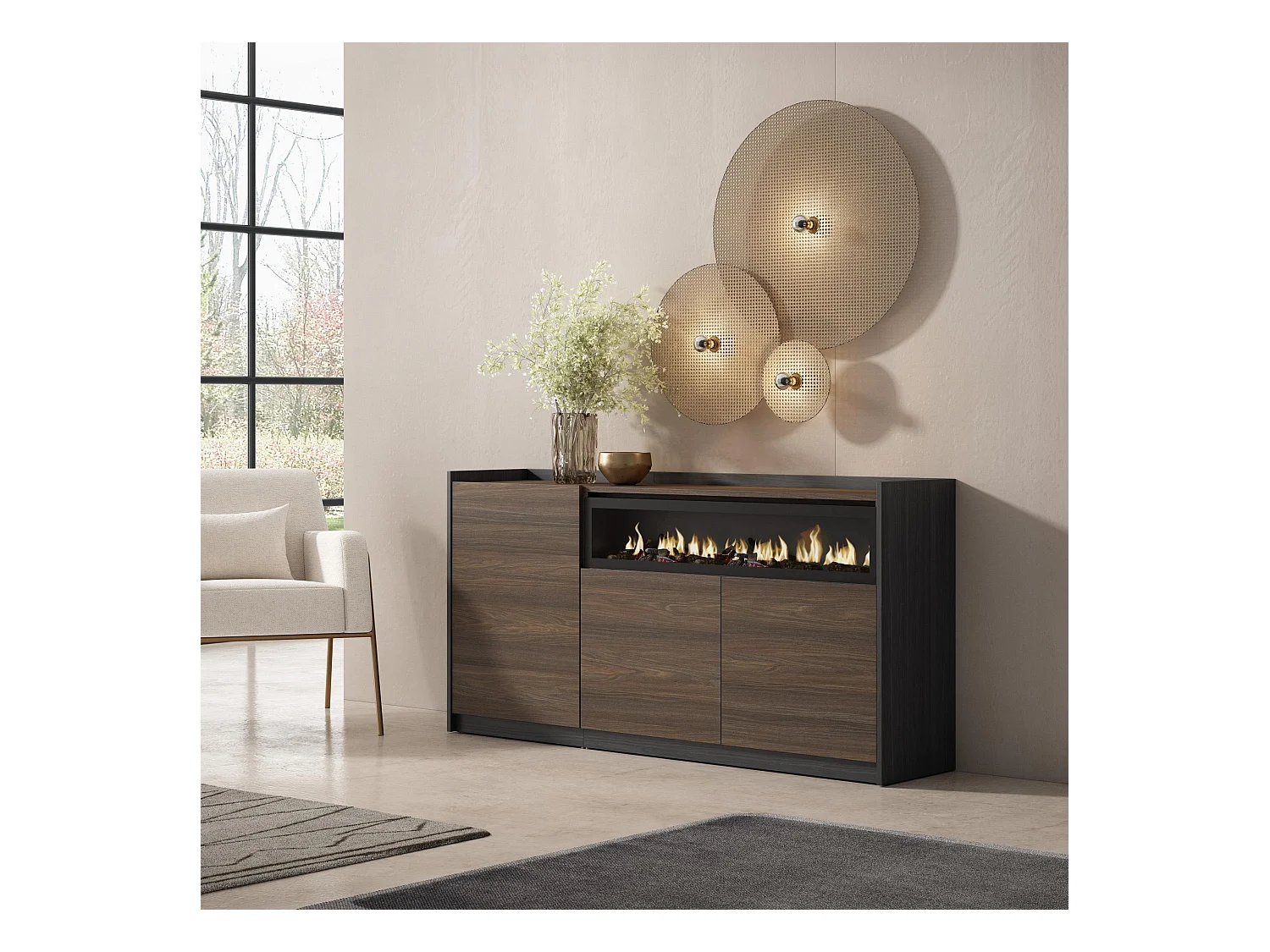 Buffet salon et cuisine, 156x80x37 cm, 3 Portes, Cheminée électrique, Chêne foncé et Noir