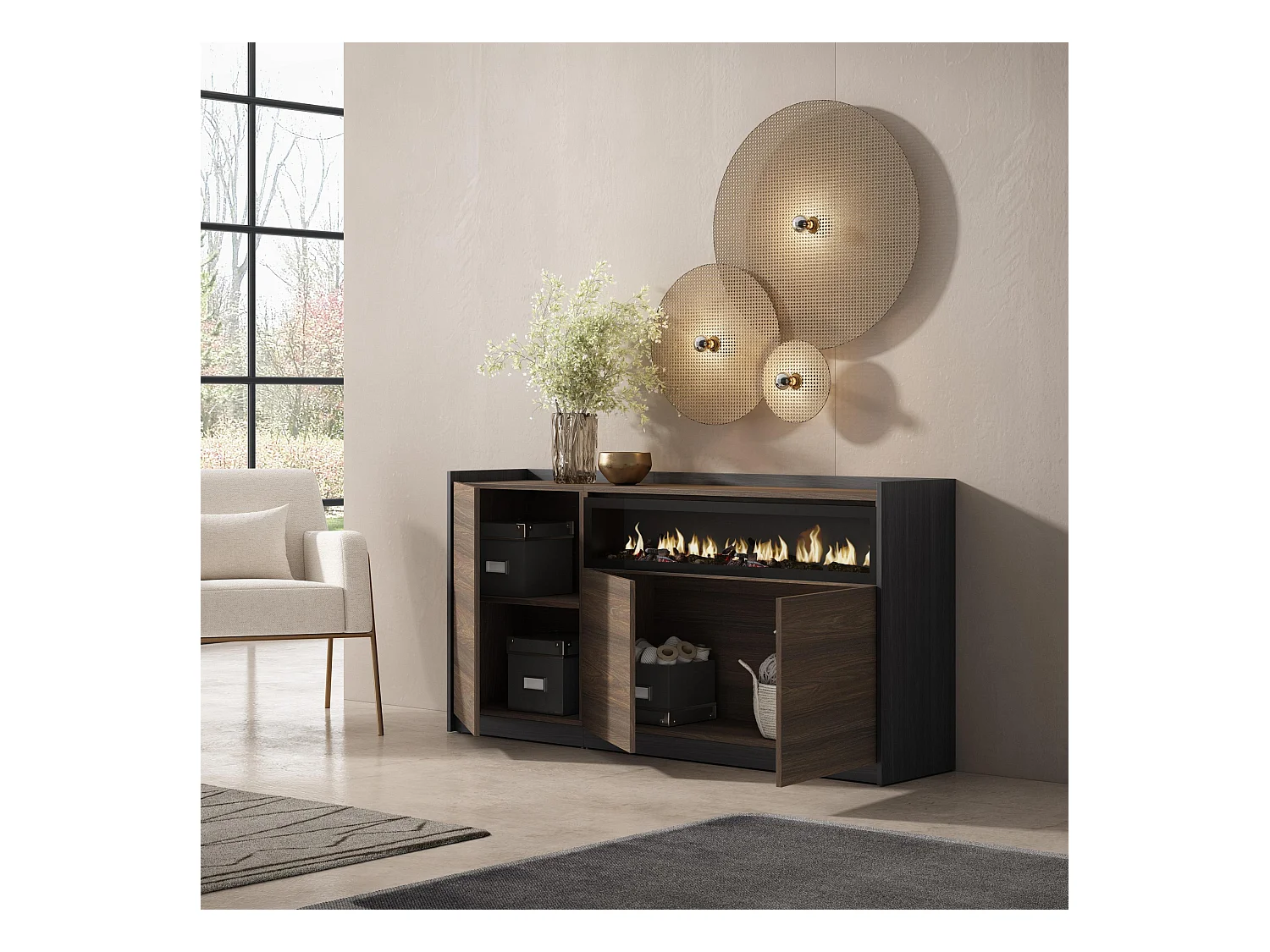 Buffet salon et cuisine, 156x80x37 cm, 3 Portes, Cheminée électrique, Chêne foncé et Noir