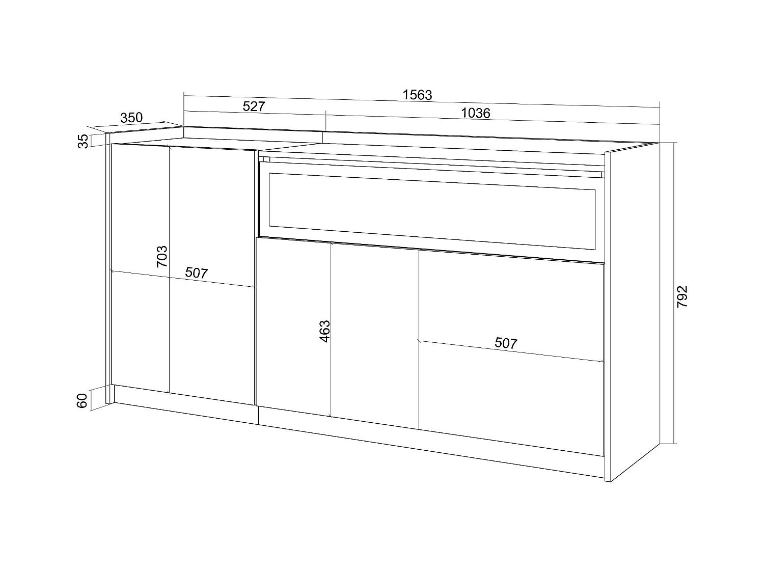 Buffet salon et cuisine, 156x80x37 cm, 3 Portes, Cheminée électrique, Chêne foncé et Noir