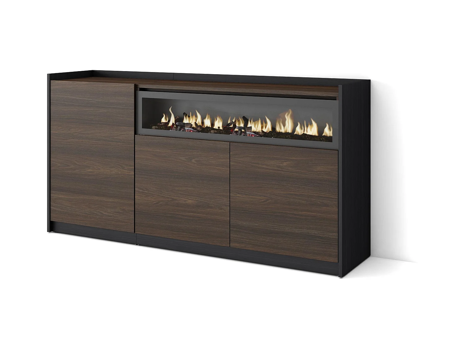 Credenza, Mobile, Cucina, 156x80x37 cm, 3 Porte, Camino elettrico, Rovere scuro e Nero