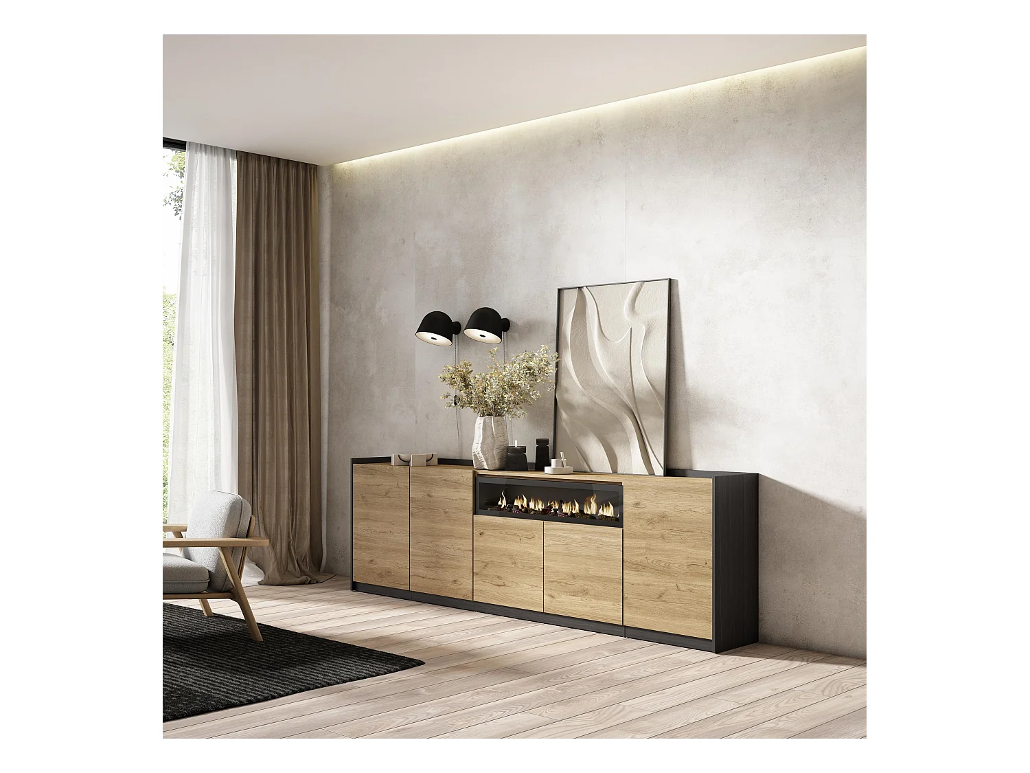 Buffet salon et cuisine, 260x80x37 cm, 5 Portes, Cheminée électrique, Chêne et noir