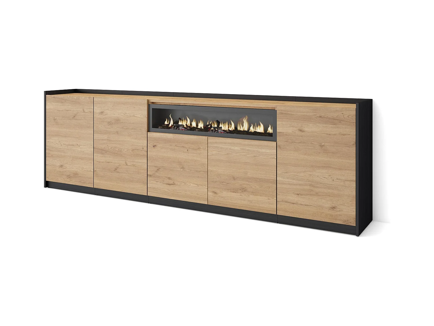 Buffet salon et cuisine, 260x80x37 cm, 5 Portes, Cheminée électrique, Chêne et noir