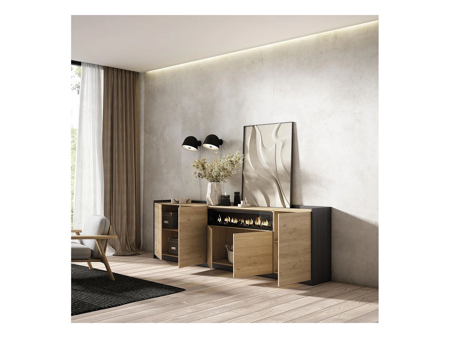 Buffet salon et cuisine, 260x80x37 cm, 5 Portes, Cheminée électrique, Chêne et noir