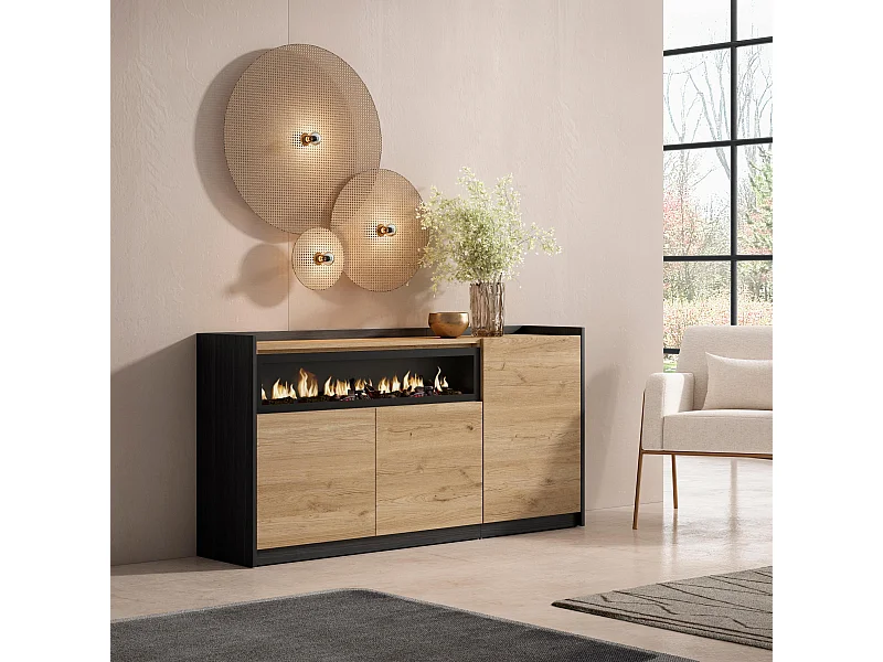 Credenza, Mobile, Cucina, 156x80x37 cm, 3 Porte, Camino elettrico, Rovere e nero
