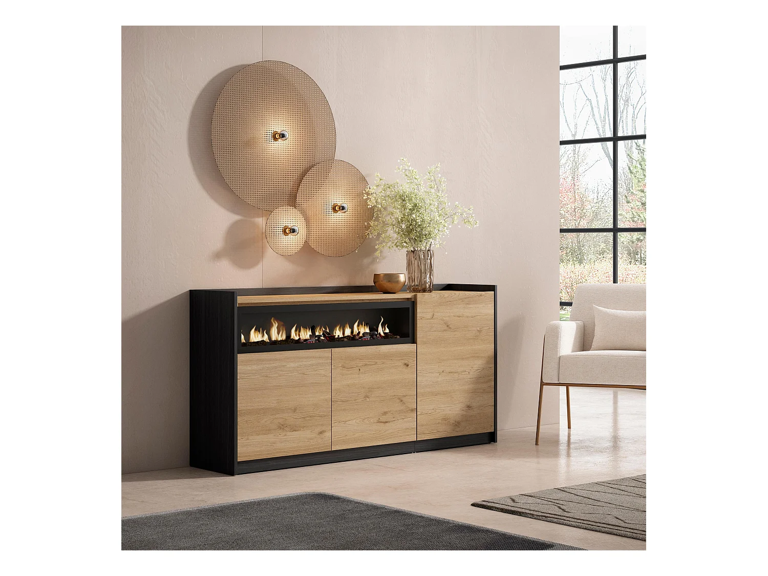 Buffet salon et cuisine, 156x80x37 cm, 3 Portes, Cheminée électrique, Chêne et noir