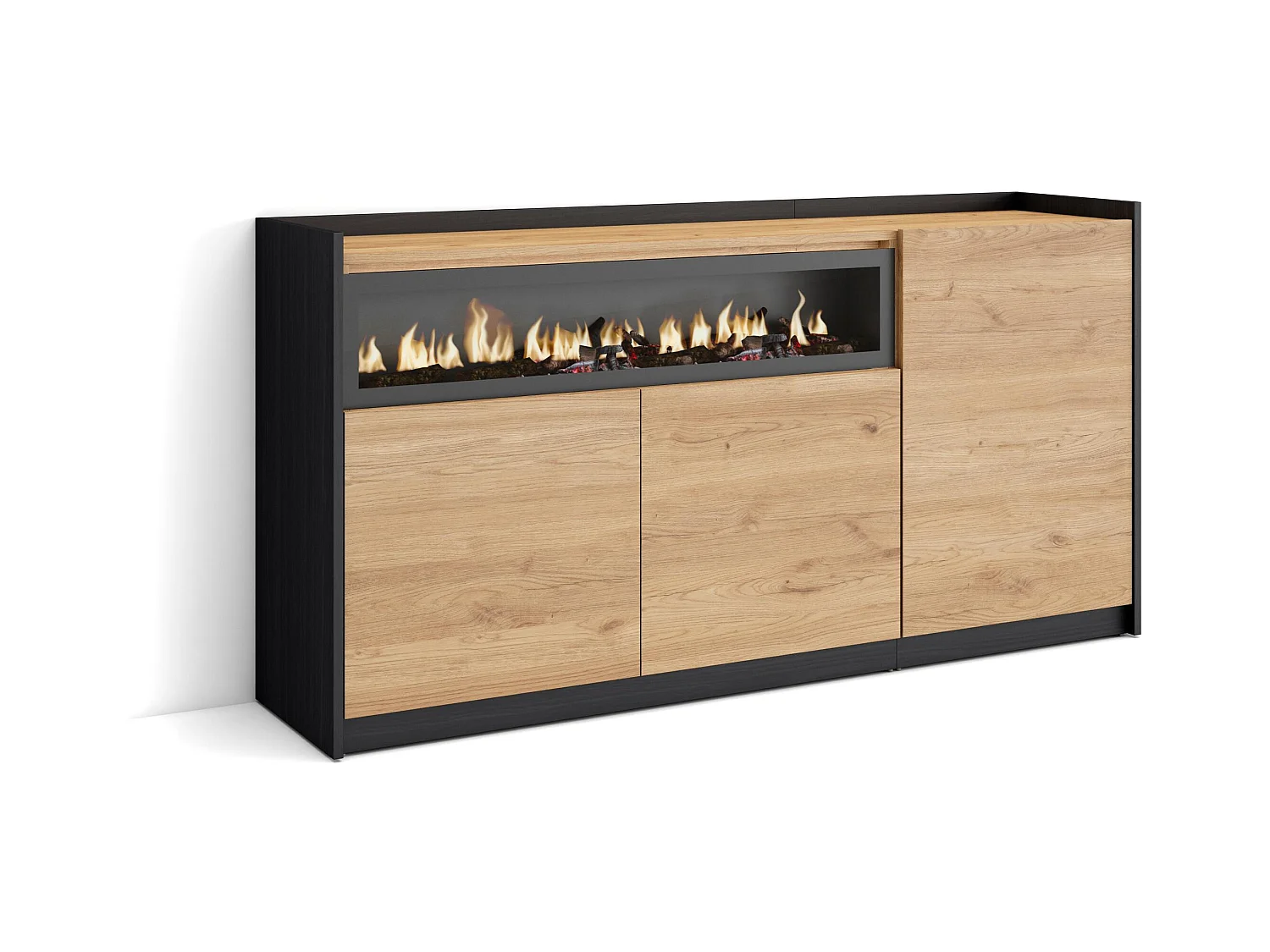 Buffet salon et cuisine, 156x80x37 cm, 3 Portes, Cheminée électrique, Chêne et noir