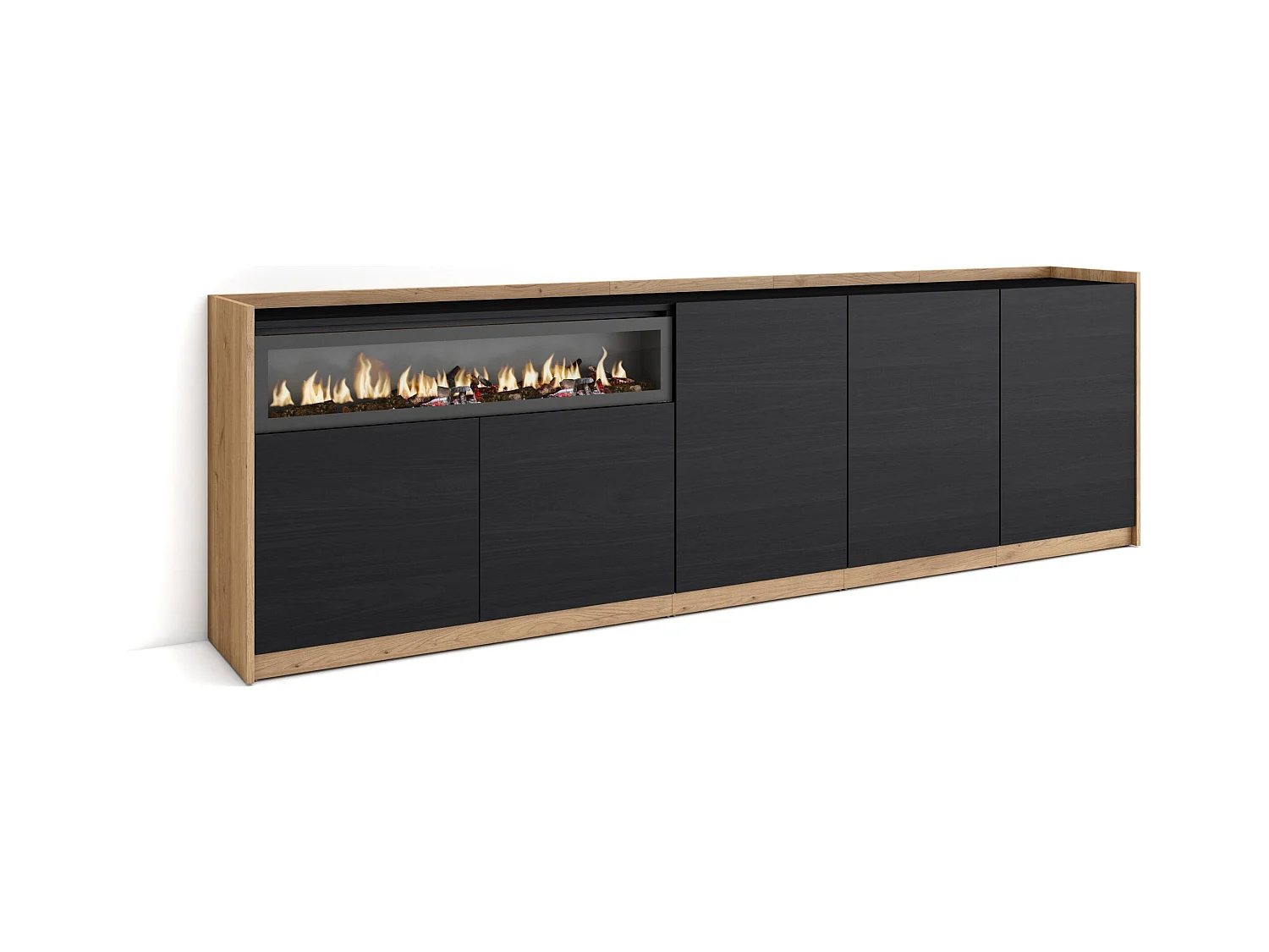Credenza, Mobile, Cucina, 260x80x37 cm, 5 Porte, Camino elettrico, Nero e rovere