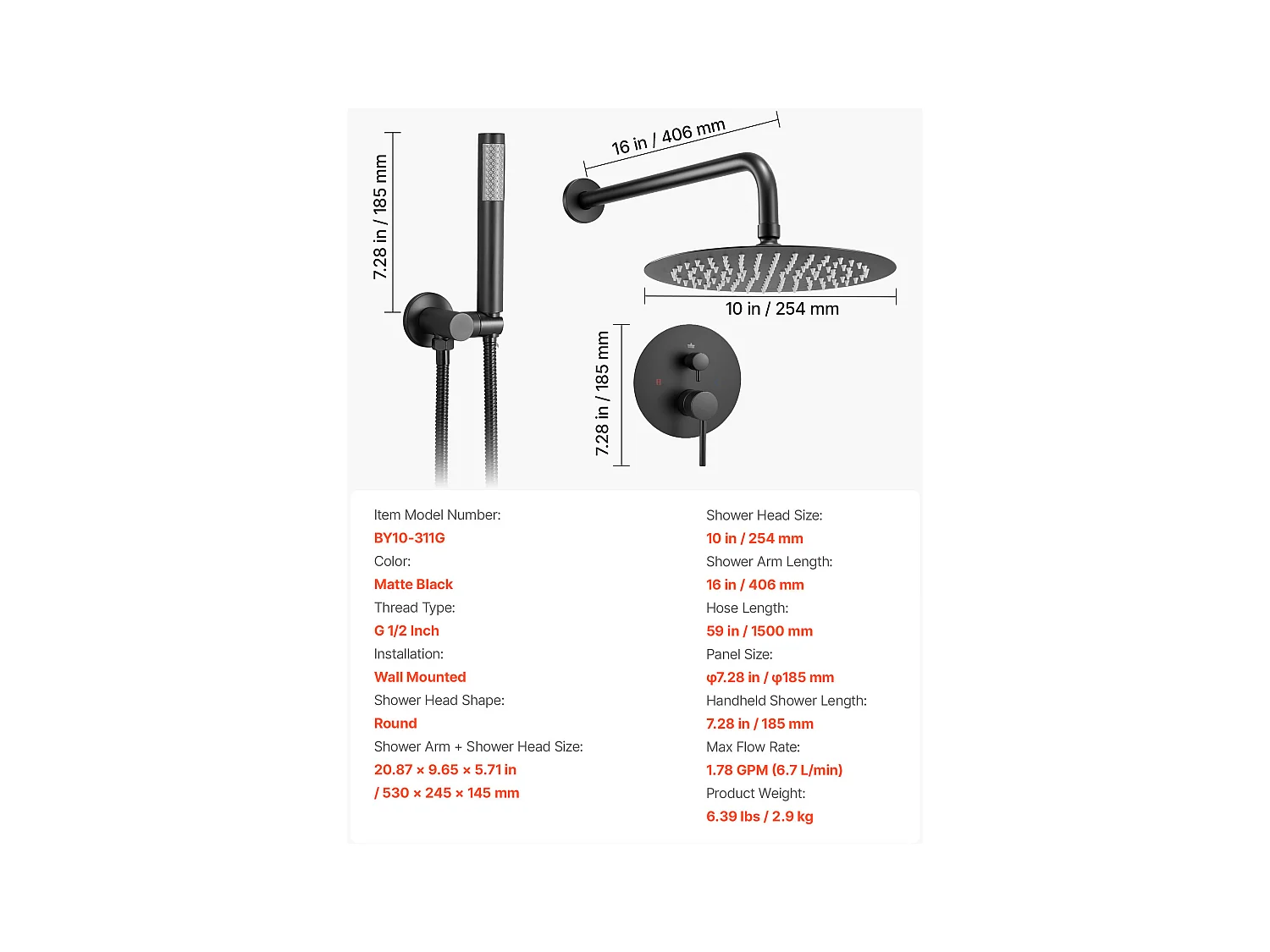 Colonne de Douche SucceBuy Kit de Douche, Système de Douche Pluie avec Pommeau Rond de 254 mm, Douchette à Main et Kit de Montage Mural, Finition Noir Mat