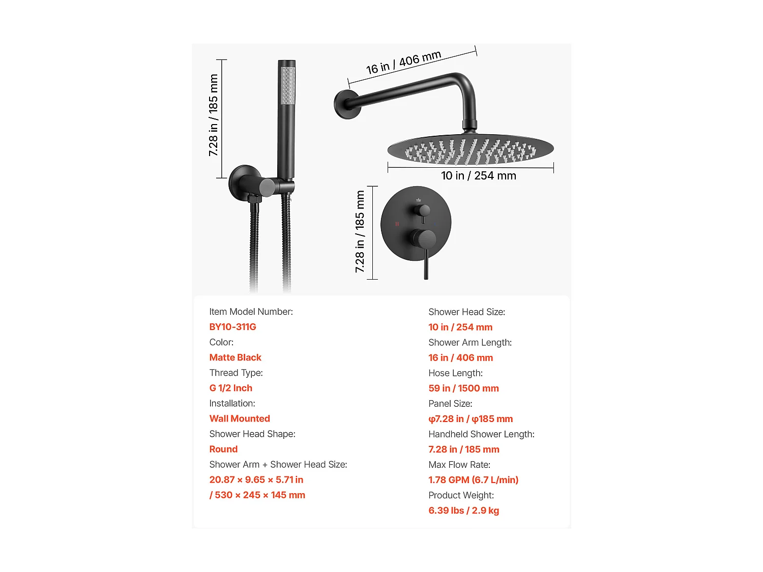 Colonne de Douche SucceBuy Kit de Douche, Système de Douche Pluie avec Pommeau Rond de 254 mm, Douchette à Main et Kit de Montage Mural, Finition Noir Mat