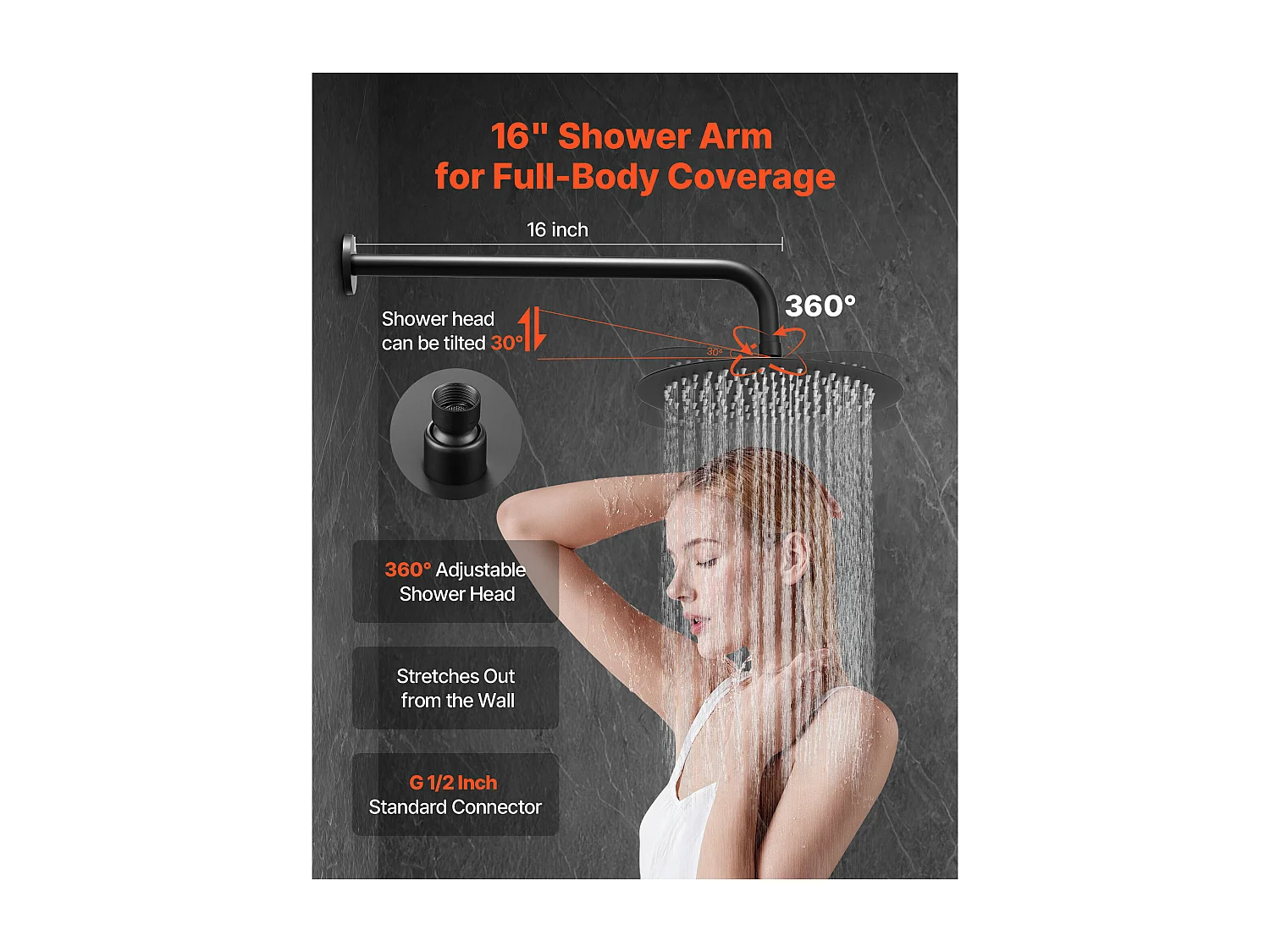 Colonne de Douche SucceBuy Kit de Douche, Système de Douche Pluie avec Pommeau Rond de 254 mm, Douchette à Main et Kit de Montage Mural, Finition Noir Mat