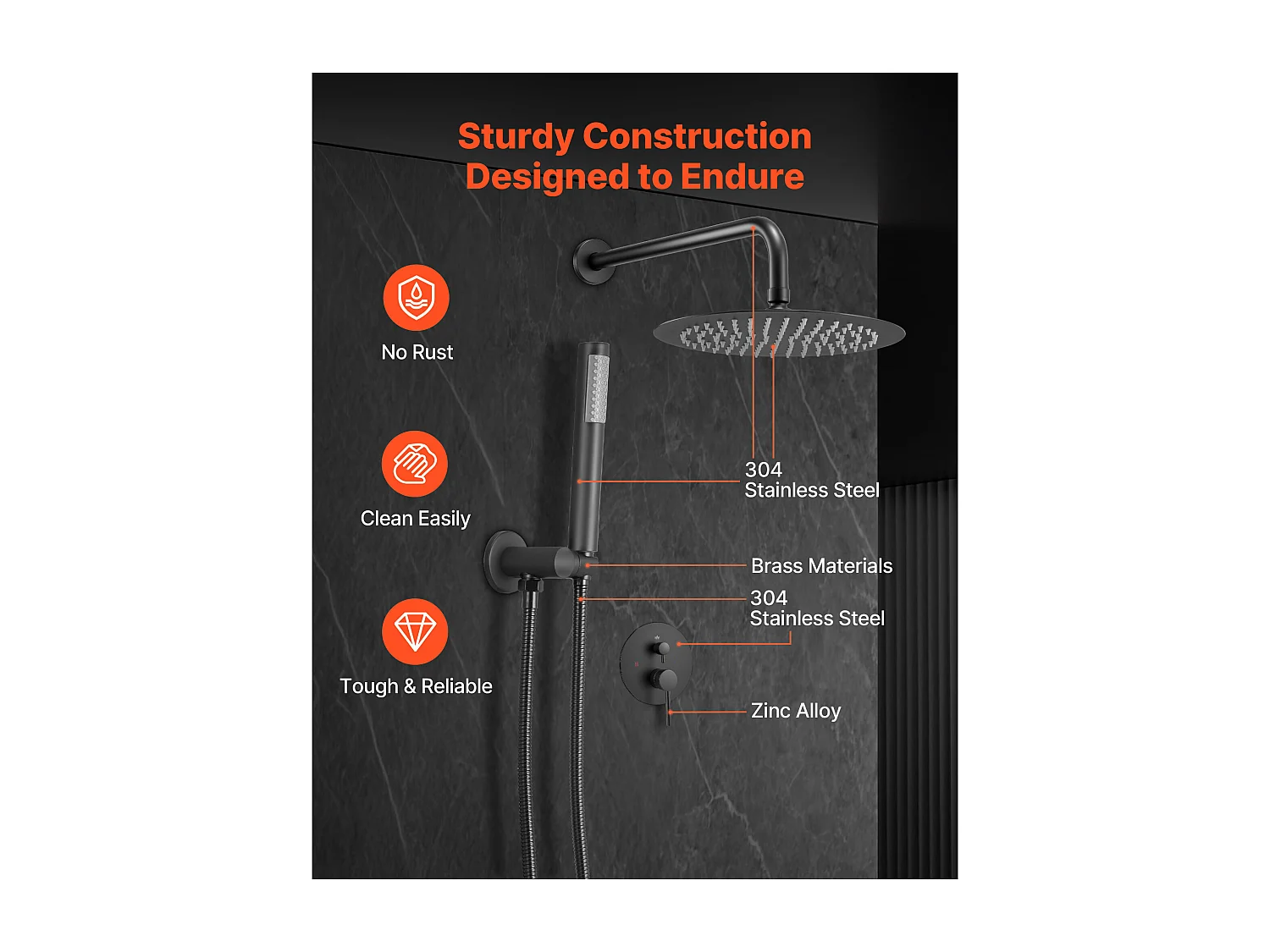 Colonne de Douche SucceBuy Kit de Douche, Système de Douche Pluie avec Pommeau Rond de 254 mm, Douchette à Main et Kit de Montage Mural, Finition Noir Mat