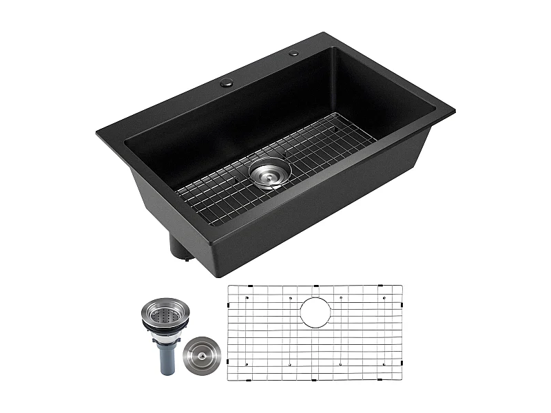 Moderne Küchenspüle SucceBuy aus Granit 83,8 cm, Aufbau-Spüle mit Großer Einzelspüle, Einbauwaschbecken mit Mehreren Zubehörteilen