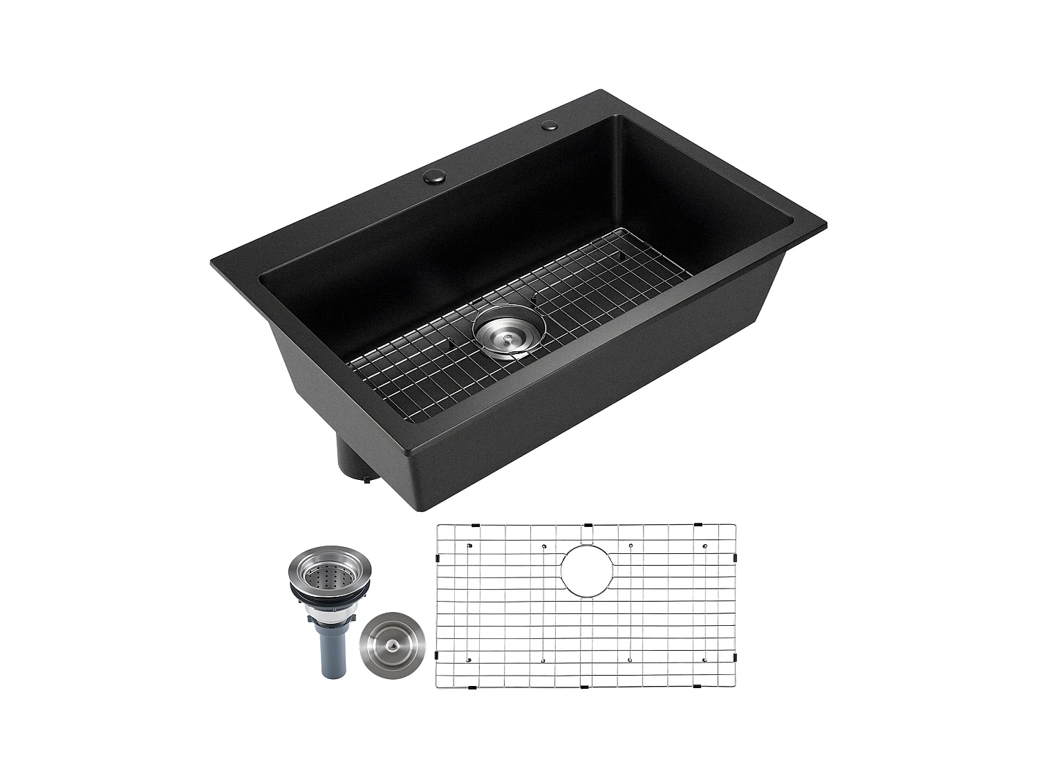 Évier de Cuisine SucceBuy Moderne en Granit de 83,8 cm, Évier à Poser à Large Cuve Simple, Bac à Laver Encastrable avec Accessoires Multiples