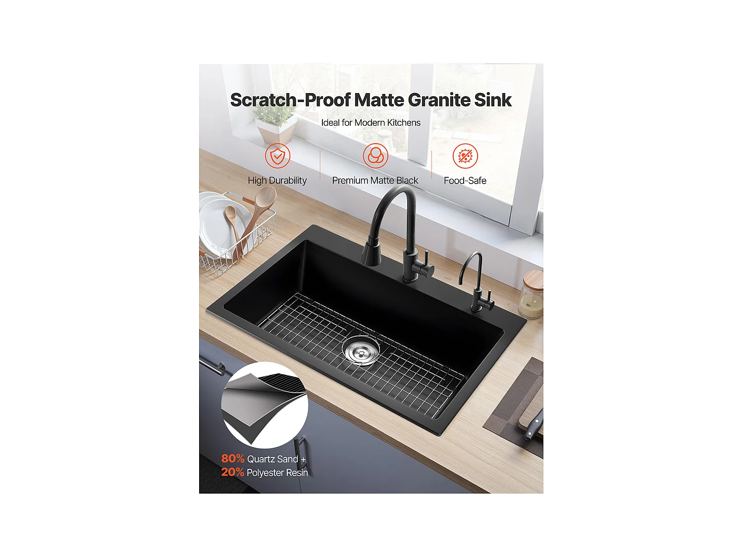 Évier de Cuisine SucceBuy Moderne en Granit de 83,8 cm, Évier à Poser à Large Cuve Simple, Bac à Laver Encastrable avec Accessoires Multiples