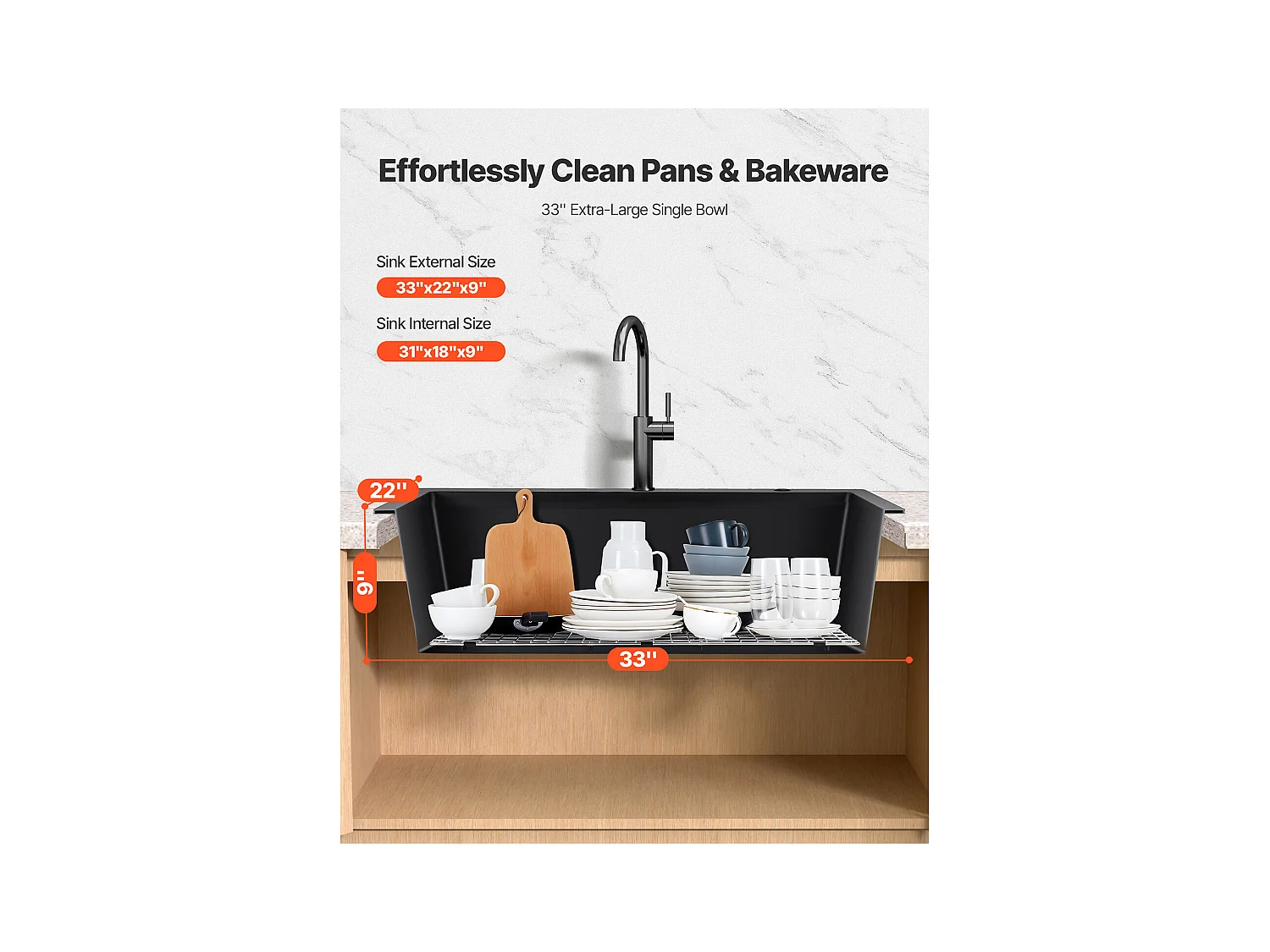 Évier de Cuisine SucceBuy Moderne en Granit de 83,8 cm, Évier à Poser à Large Cuve Simple, Bac à Laver Encastrable avec Accessoires Multiples