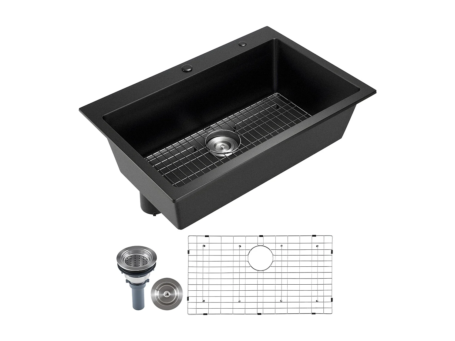 Évier de Cuisine SucceBuy Moderne en Granit de 83,8 cm, Évier à Poser à Large Cuve Simple, Bac à Laver Encastrable avec Accessoires Multiples