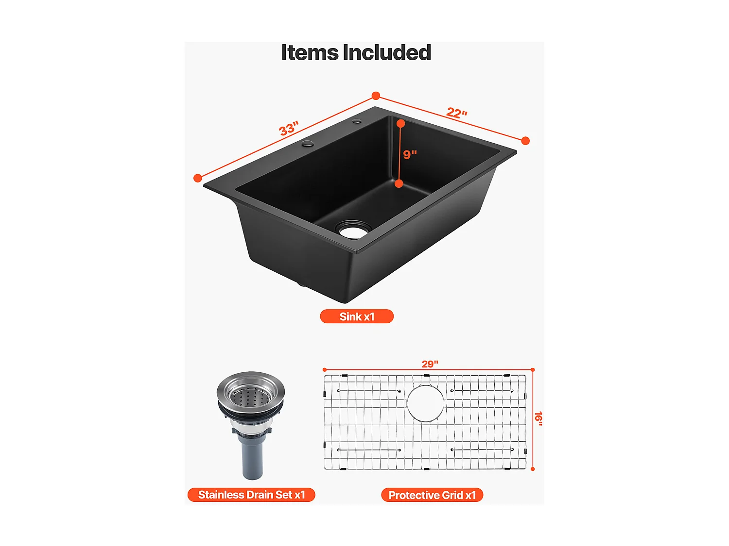 Évier de Cuisine SucceBuy Moderne en Granit de 83,8 cm, Évier à Poser à Large Cuve Simple, Bac à Laver Encastrable avec Accessoires Multiples