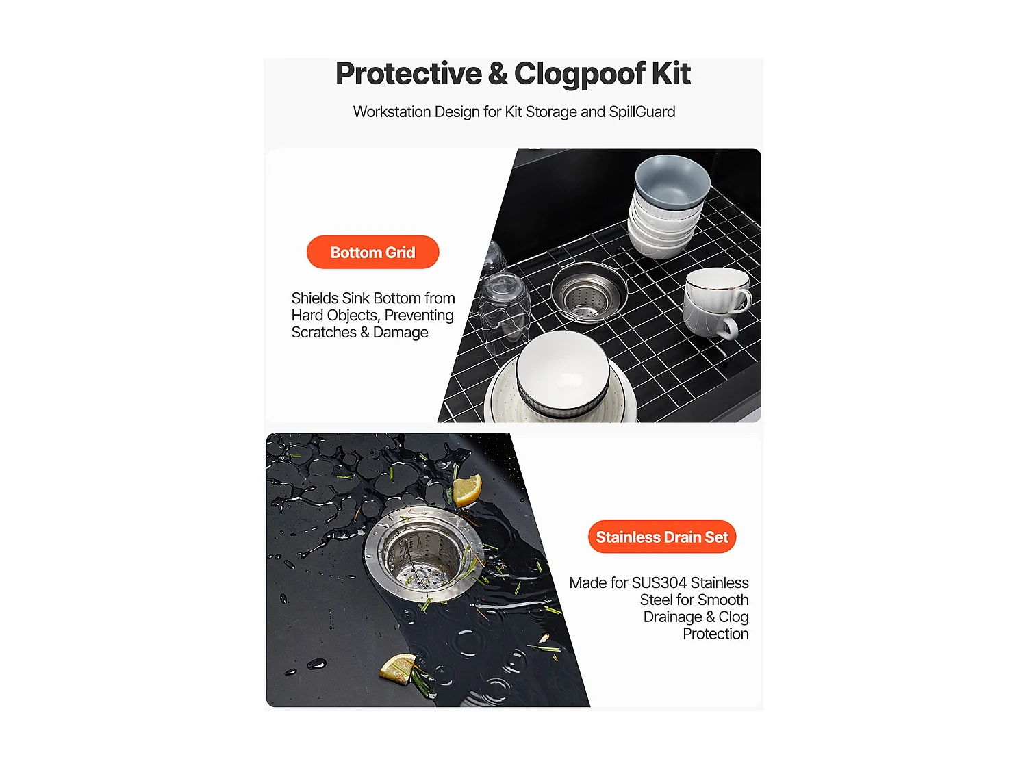 Évier de Cuisine SucceBuy Moderne en Granit de 83,8 cm, Évier à Poser à Large Cuve Simple, Bac à Laver Encastrable avec Accessoires Multiples