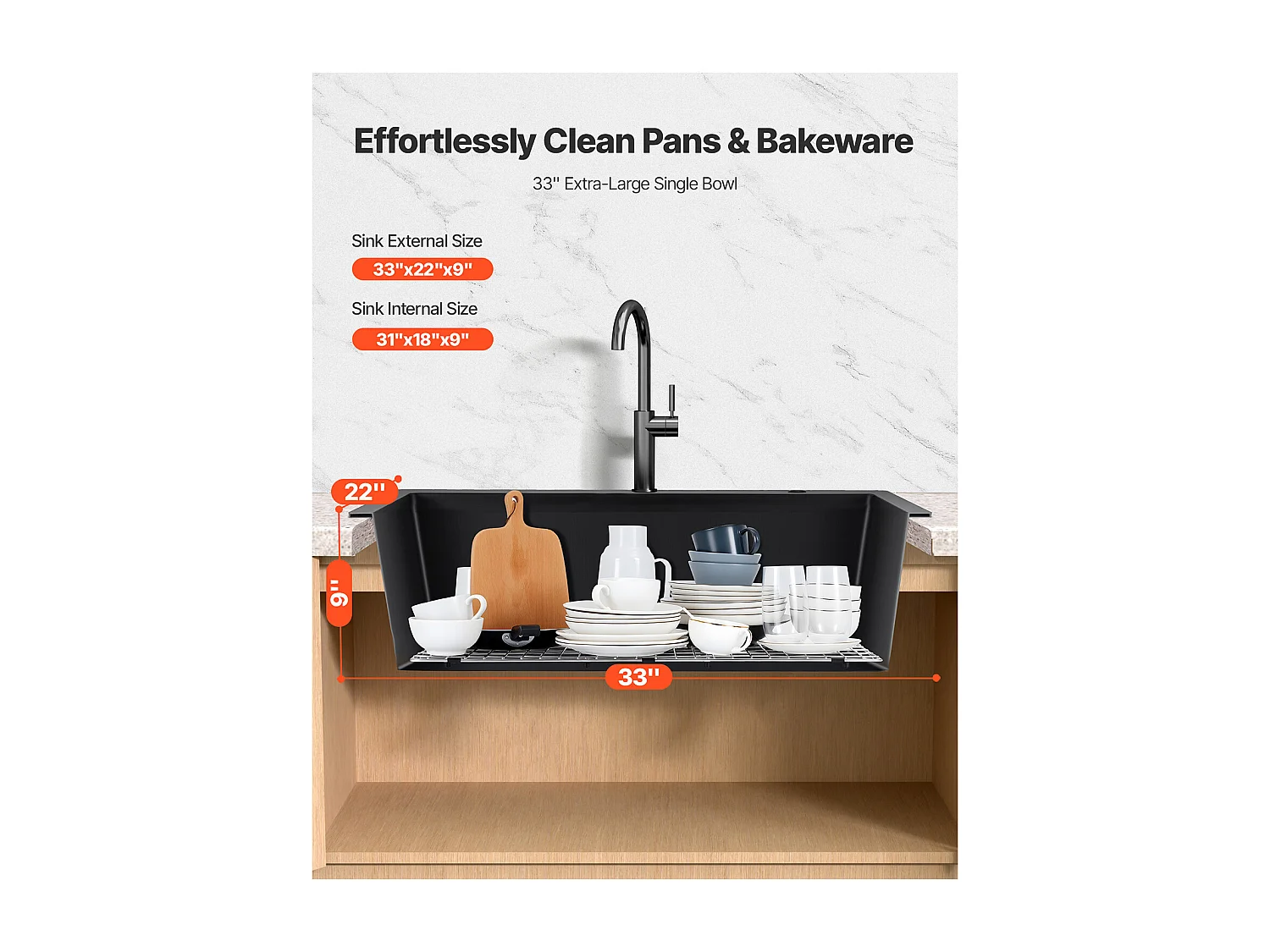 Évier de Cuisine SucceBuy Moderne en Granit de 83,8 cm, Évier à Poser à Large Cuve Simple, Bac à Laver Encastrable avec Accessoires Multiples