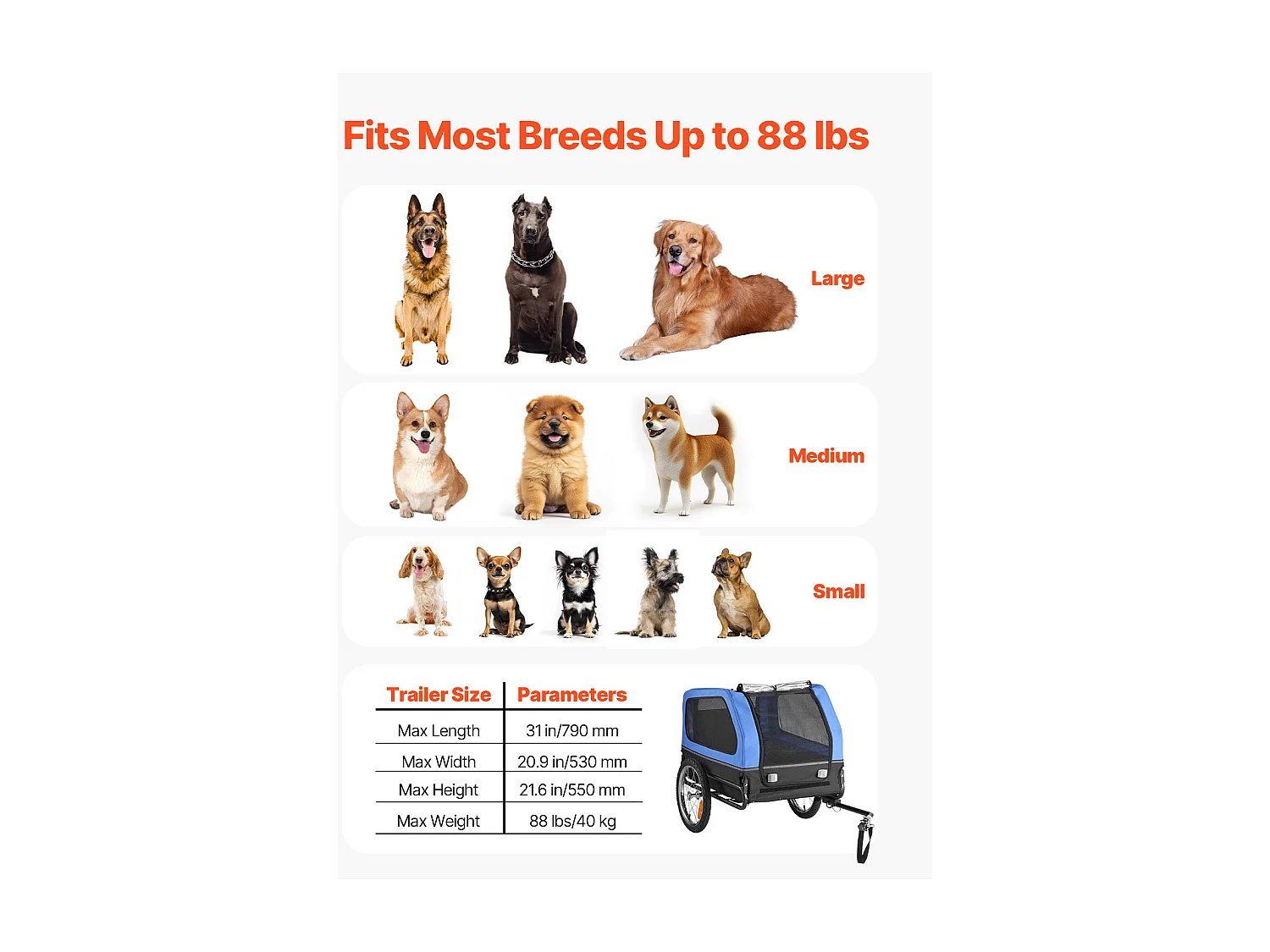 Remorque vélo SucceBuy pour Chien, Charge 40 kg, Porte Animaux de Compagnie de Vélos, Cadre Pliable Facile avec Roue à Dégagement Rapide, Réflecteur