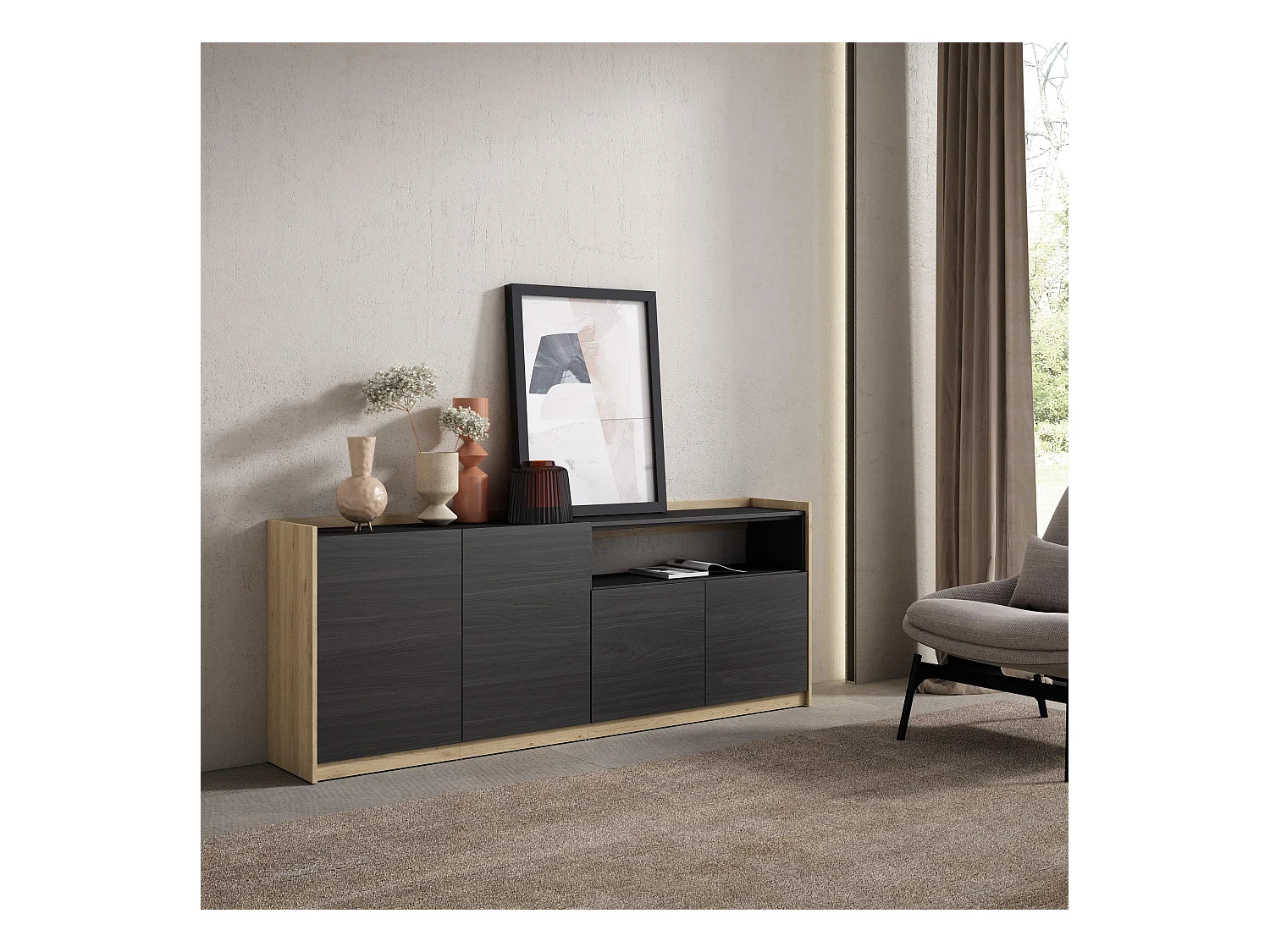 Buffet salon et cuisine, 207x80x37 cm, 4 Portes, Meuble chaussure, Noir et chêne