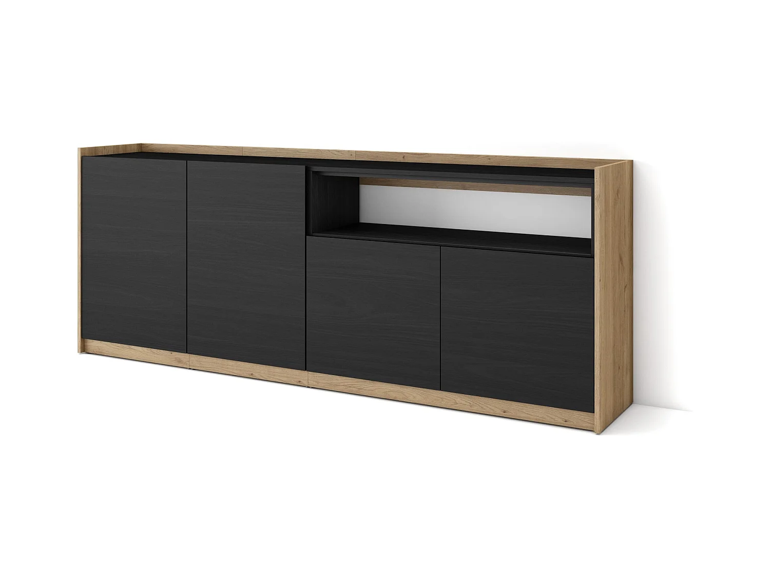 Buffet salon et cuisine, 207x80x37 cm, 4 Portes, Meuble chaussure, Noir et chêne