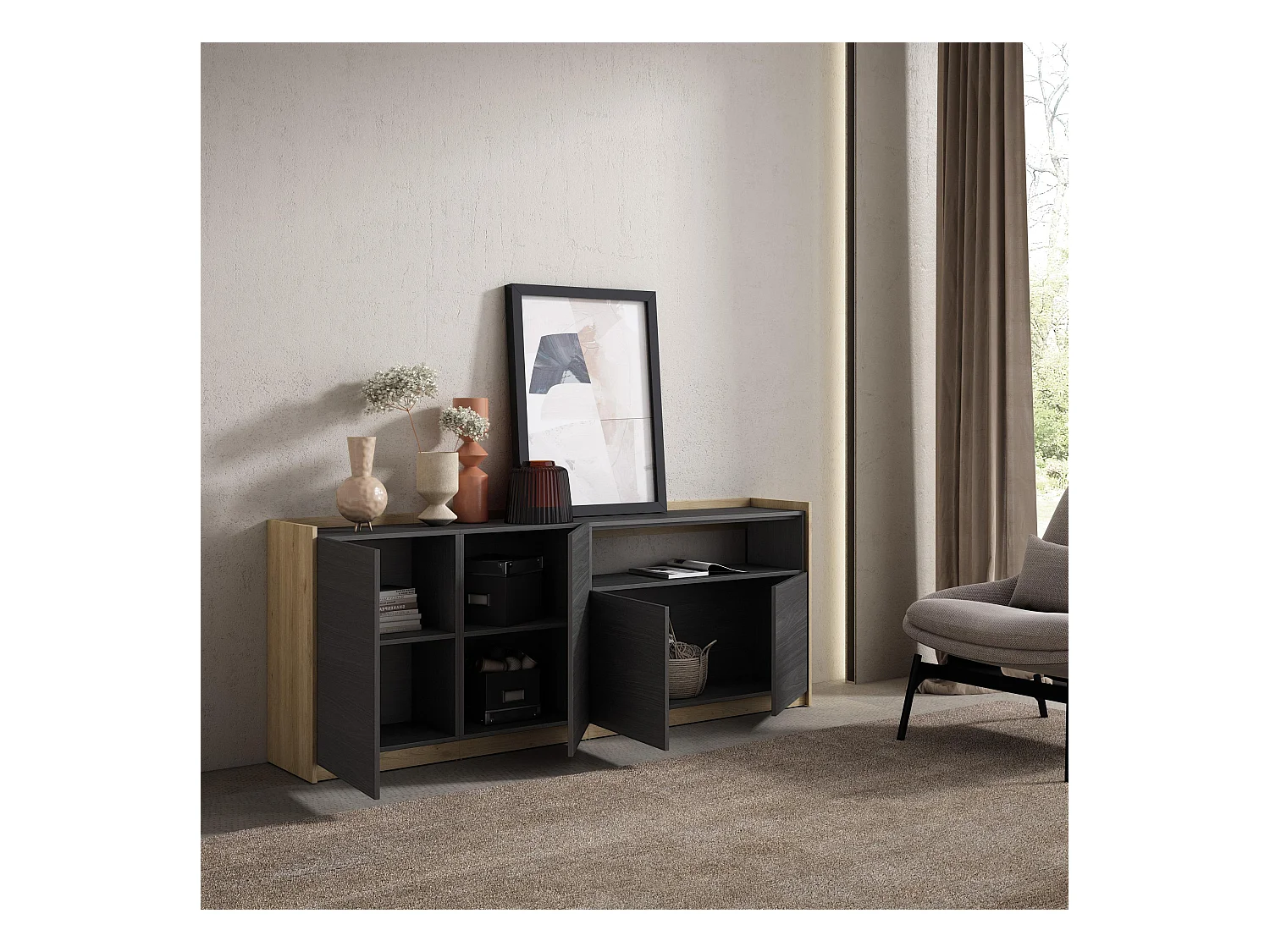 Buffet salon et cuisine, 207x80x37 cm, 4 Portes, Meuble chaussure, Noir et chêne