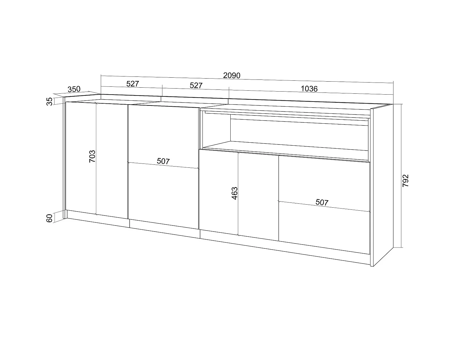 Buffet salon et cuisine, 207x80x37 cm, 4 Portes, Meuble chaussure, Noir et chêne