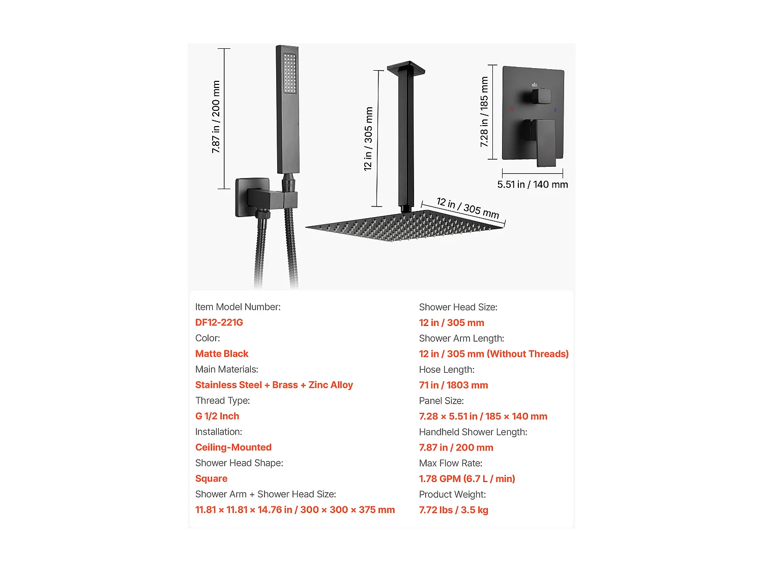 Colonne de Douche SucceBuy Kit de Douche, Système de Douche avec Pommeau de Tête Carré 305 mm, Douchette à Main et Kit de Garniture, Installation au Plafond