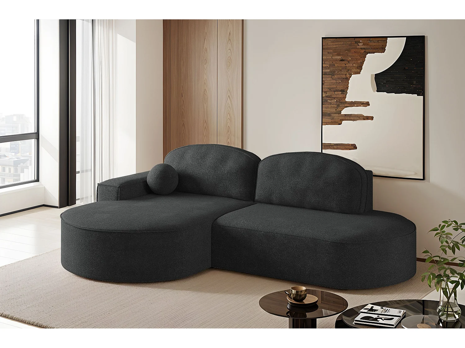 Canapé d'angle avec fonction couchage et coffre de lit Modena Round tissu Arena Graphite Gauche