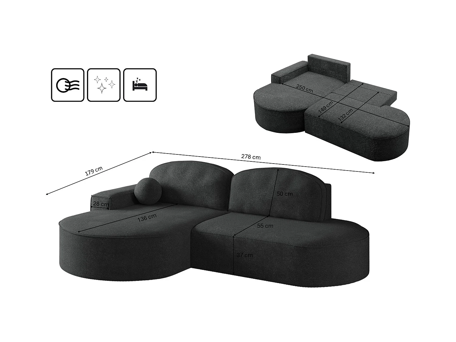 Canapé d'angle avec fonction couchage et coffre de lit Modena Round tissu Arena Graphite Gauche