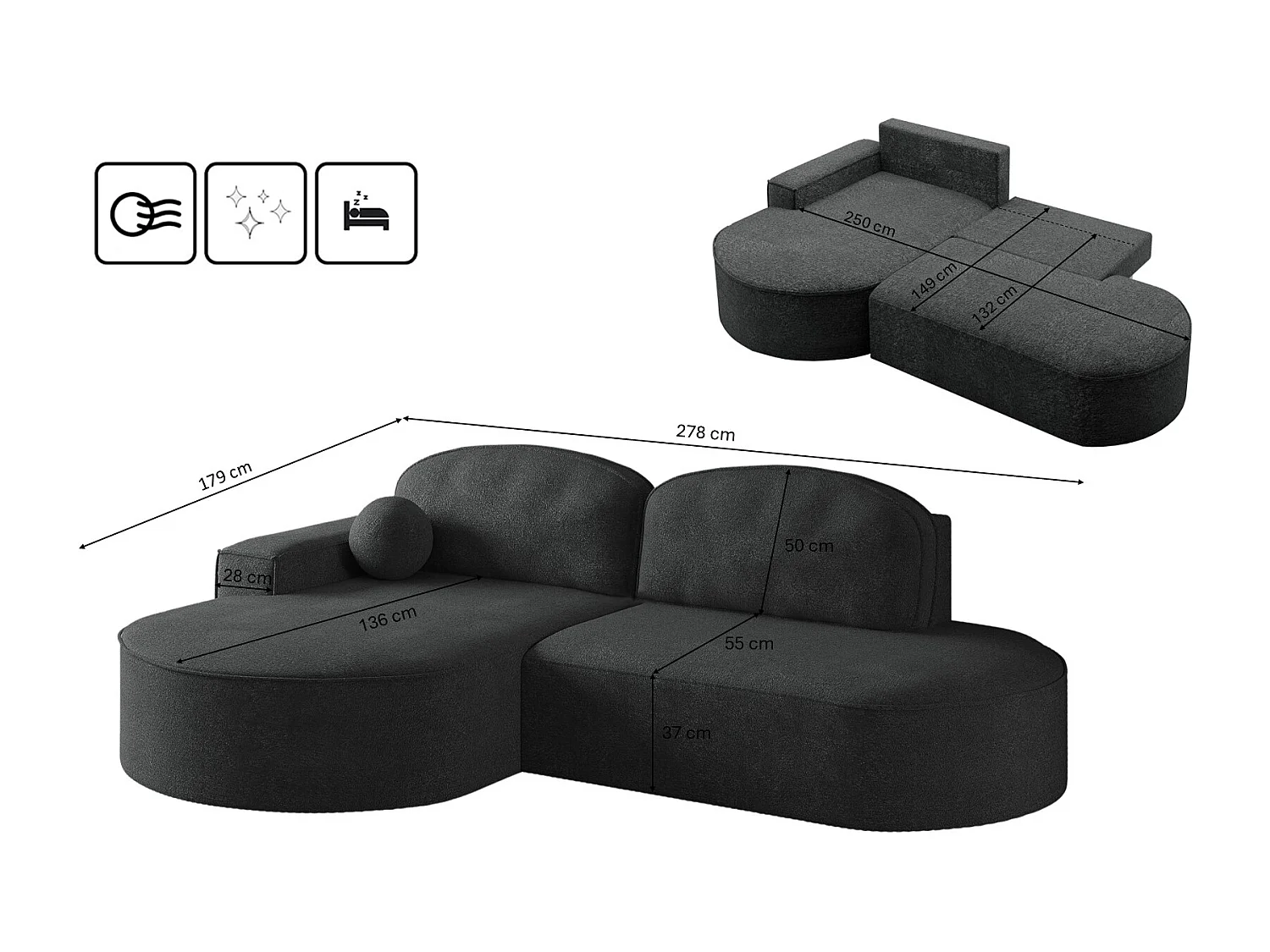 Hoekbank met slaapfunctie en bedstee Modena Ronde stof Arena Graphite Links
