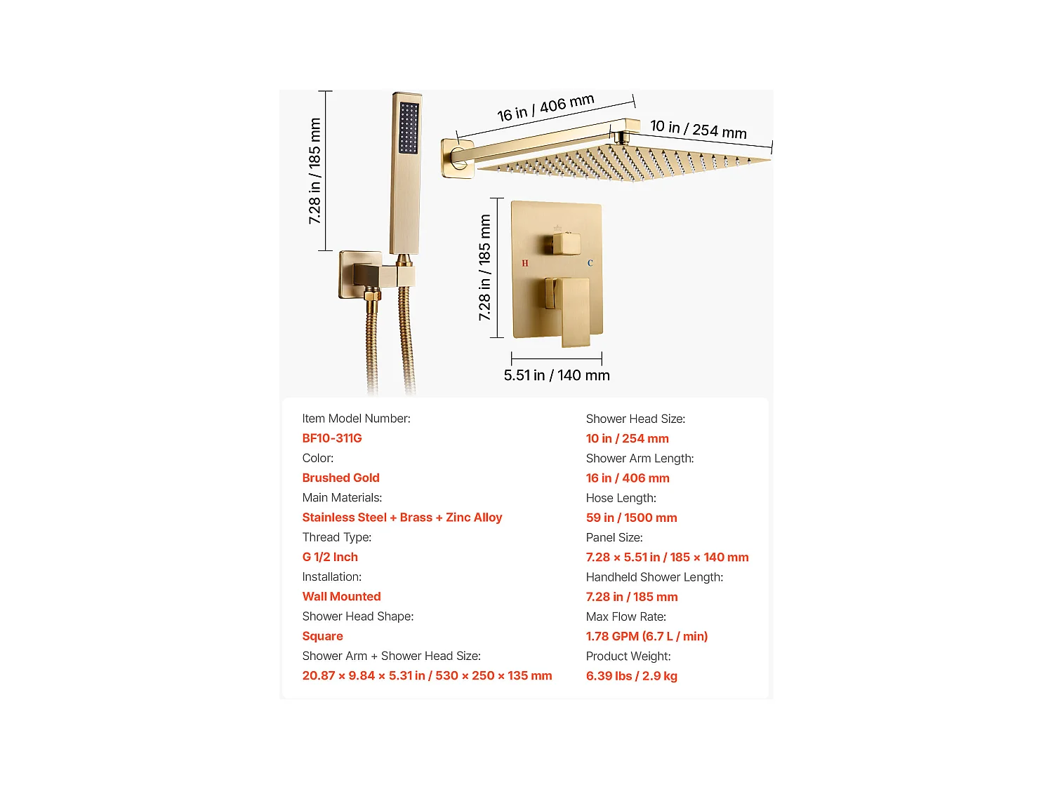 Colonne de Douche SucceBuy Ensemble de Douche avec Pommeau de Douche Carré Effet Pluie de 254 mm et Douchette à Main, Ensemble de Douche Mural, Or Brossé