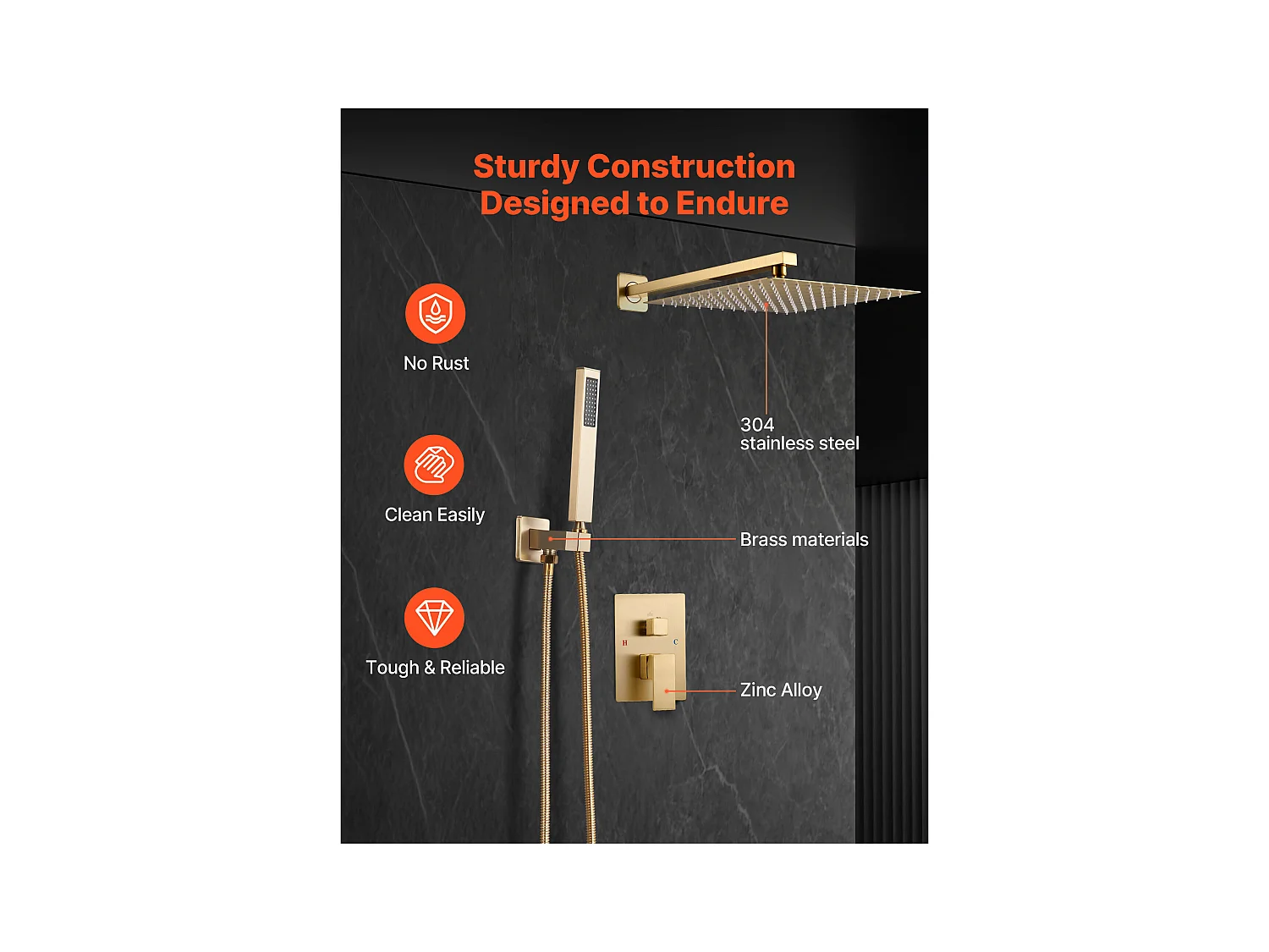 Colonne de Douche SucceBuy Ensemble de Douche avec Pommeau de Douche Carré Effet Pluie de 254 mm et Douchette à Main, Ensemble de Douche Mural, Or Brossé