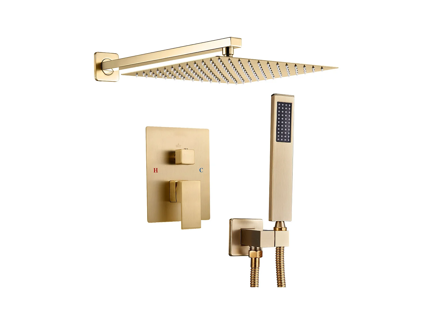 Colonne de Douche SucceBuy Ensemble de Douche avec Pommeau de Douche Carré Effet Pluie de 254 mm et Douchette à Main, Ensemble de Douche Mural, Or Brossé