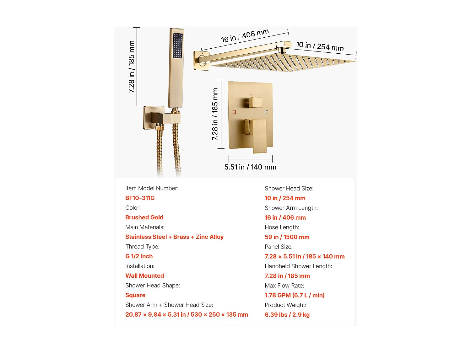 Kolumna Prysznicowa SucceBuy Zestaw Natryskowy z Kwadratową Głowicą Deszczową 254 mm i Prysznicem Ręcznym, do Montażu na Ścianie