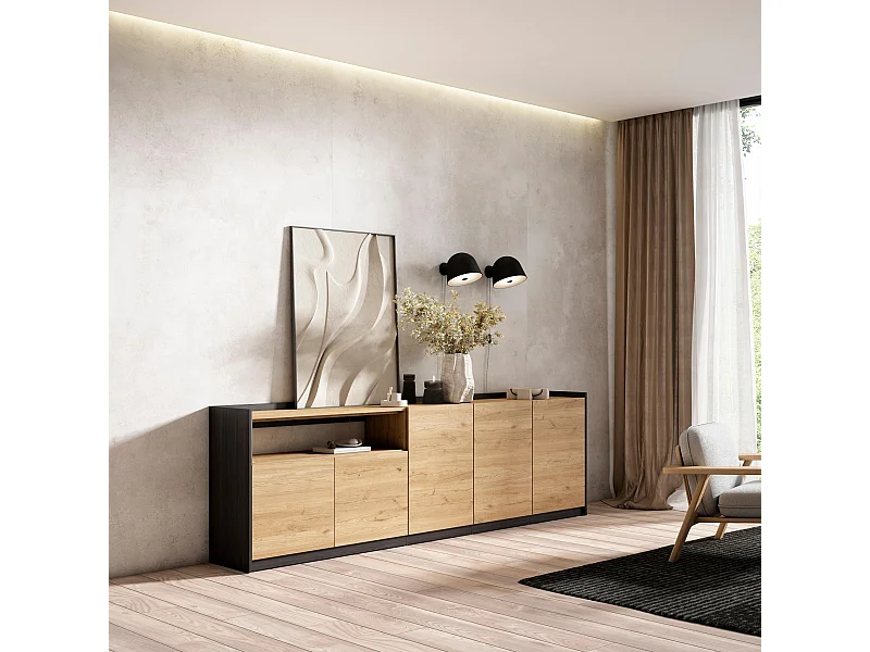 Aparadores para salón, 260x80x37 cm, 5 Puertas, Armario, zapatero, Roble y negro