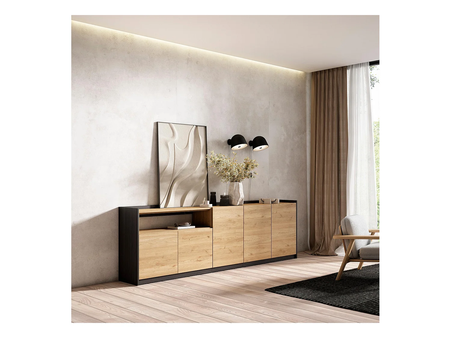 Buffet salon et cuisine, 260x80x37 cm, 5 Portes, Meuble chaussure, Chêne et noir