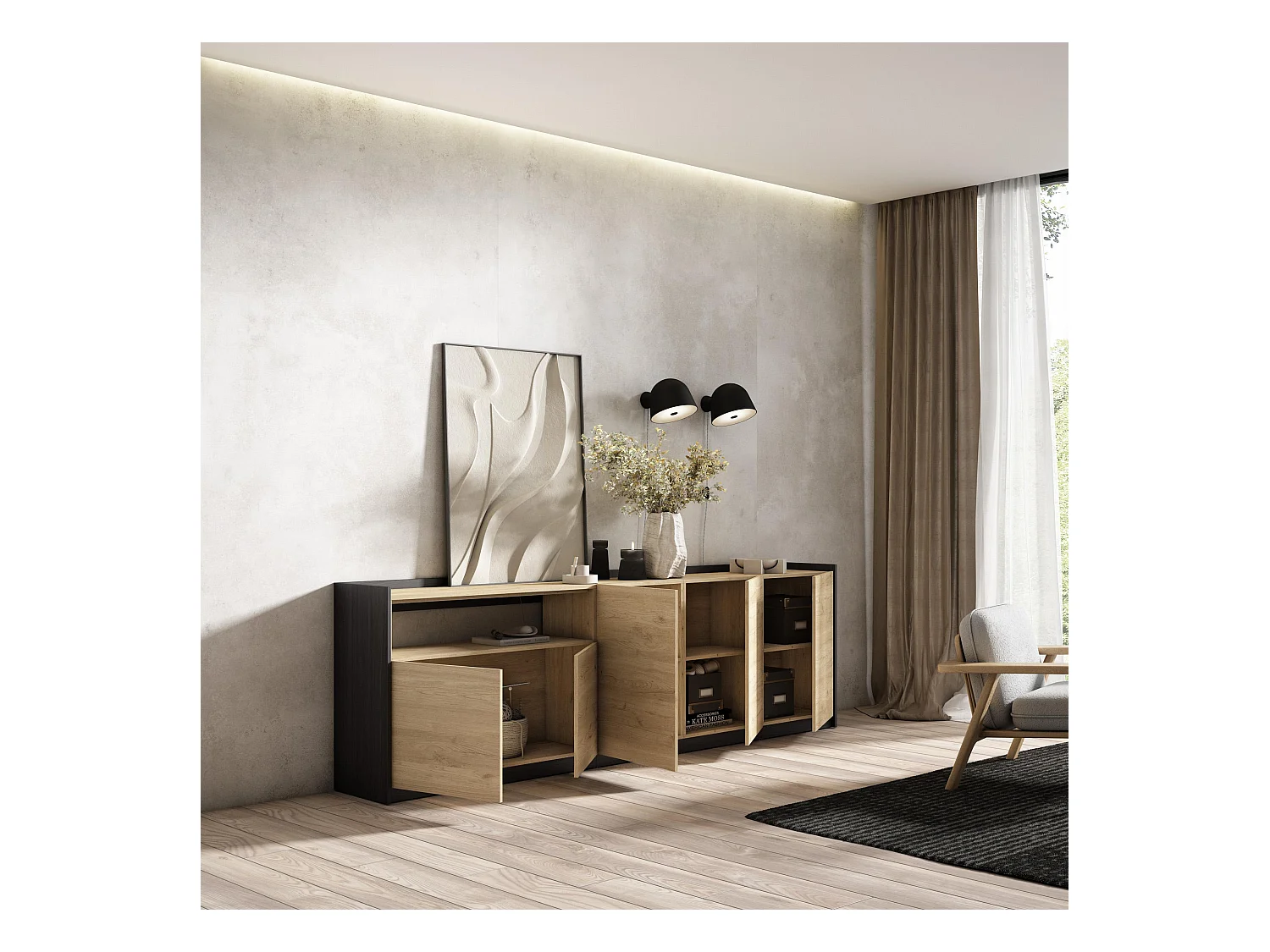 Buffet salon et cuisine, 260x80x37 cm, 5 Portes, Meuble chaussure, Chêne et noir