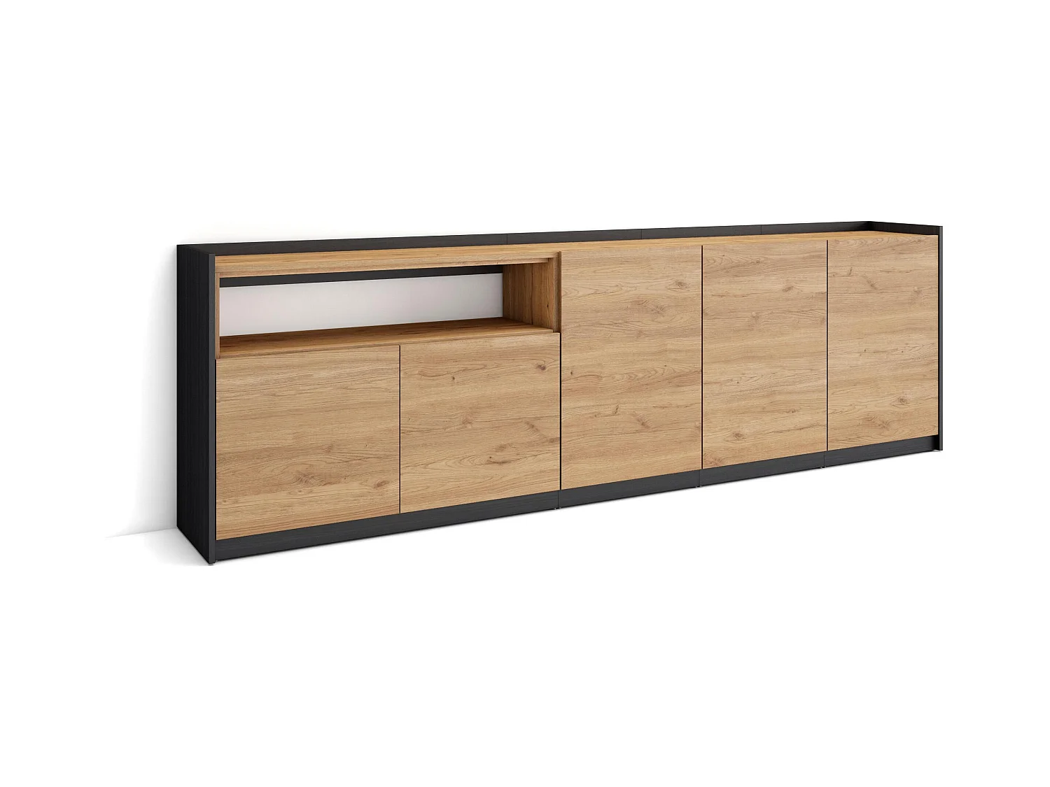 Credenza, Mobile, Cucina, 260x80x37 cm, 5 Porte, grande stoccaggio, Rovere e nero