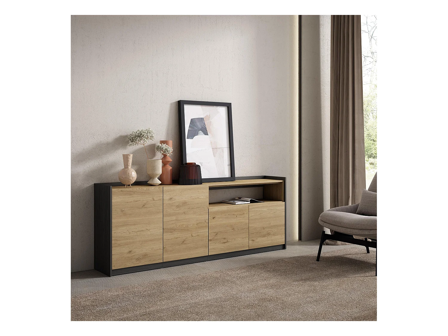 Aparadores para salón, 207x80x37 cm, 4 Puertas, Armario, zapatero, Roble y negro