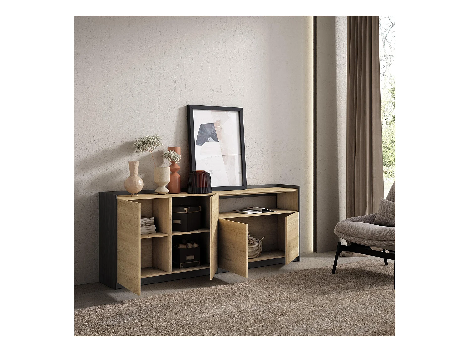 Aparadores para salón, 207x80x37 cm, 4 Puertas, Armario, zapatero, Roble y negro