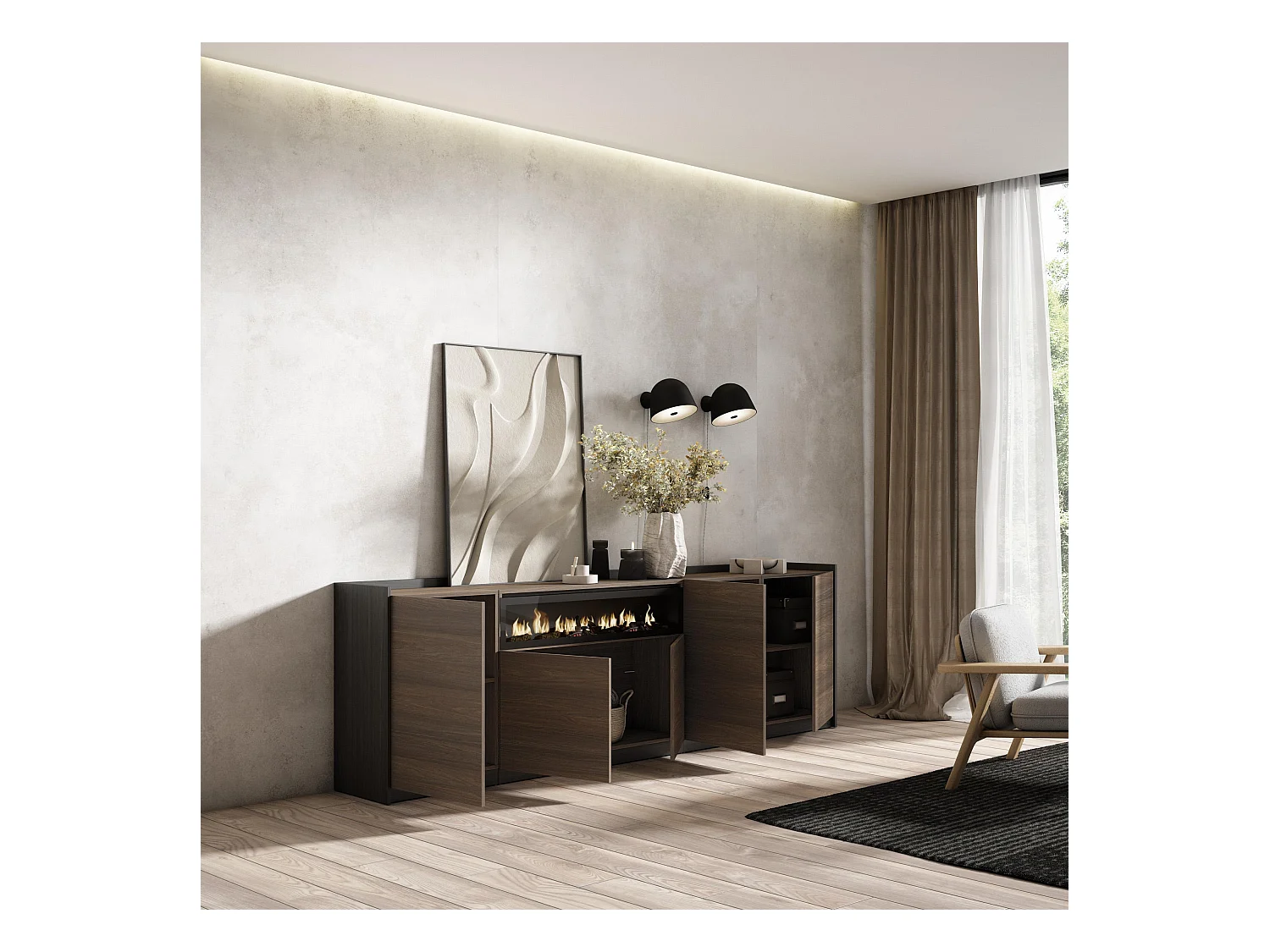 Buffet salon et cuisine, 260x80x37 cm, 5 Portes, Cheminée électrique, Chêne foncé et Noir