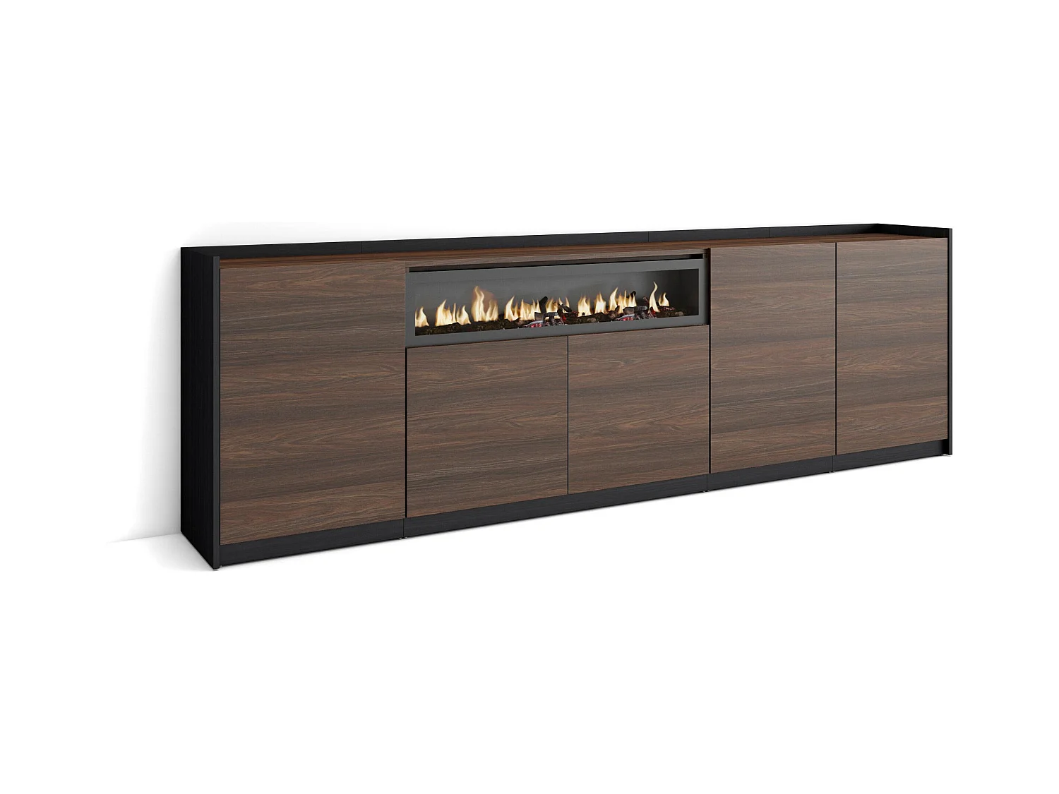 Credenza, Mobile, Cucina, 260x80x37 cm, 5 Porte, Camino elettrico, Rovere scuro e Nero