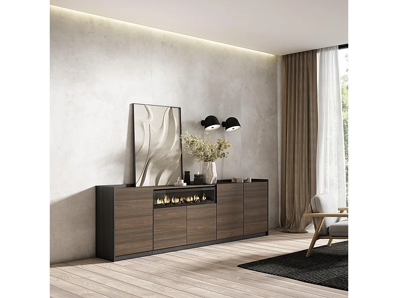 Dressoir, Opbergkast, 260x80x37 cm, 5 Deuren, Elektrische haard, Donkere eik en Zwart